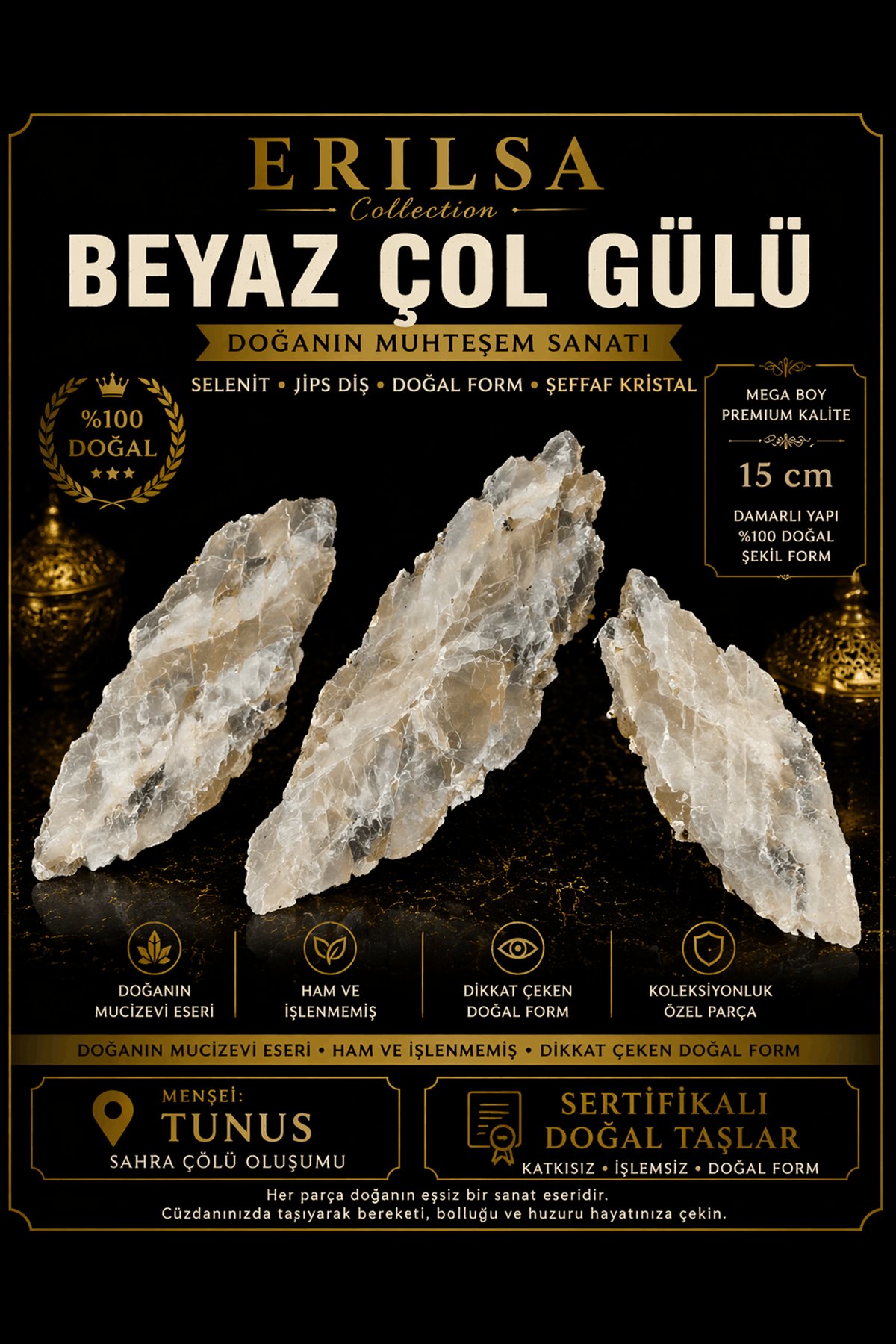 Sertifikalı Beyaz Çöl Gülü Selenit Taşı Kütle - Mega Boy 15 cm Doğal Ham Kristal Koleksiyonluk