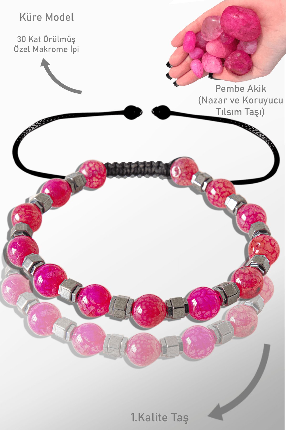 Sertifikalı Gerçek Hematit - Pembe Akik Taşı Bileklik - Ayarlamalı