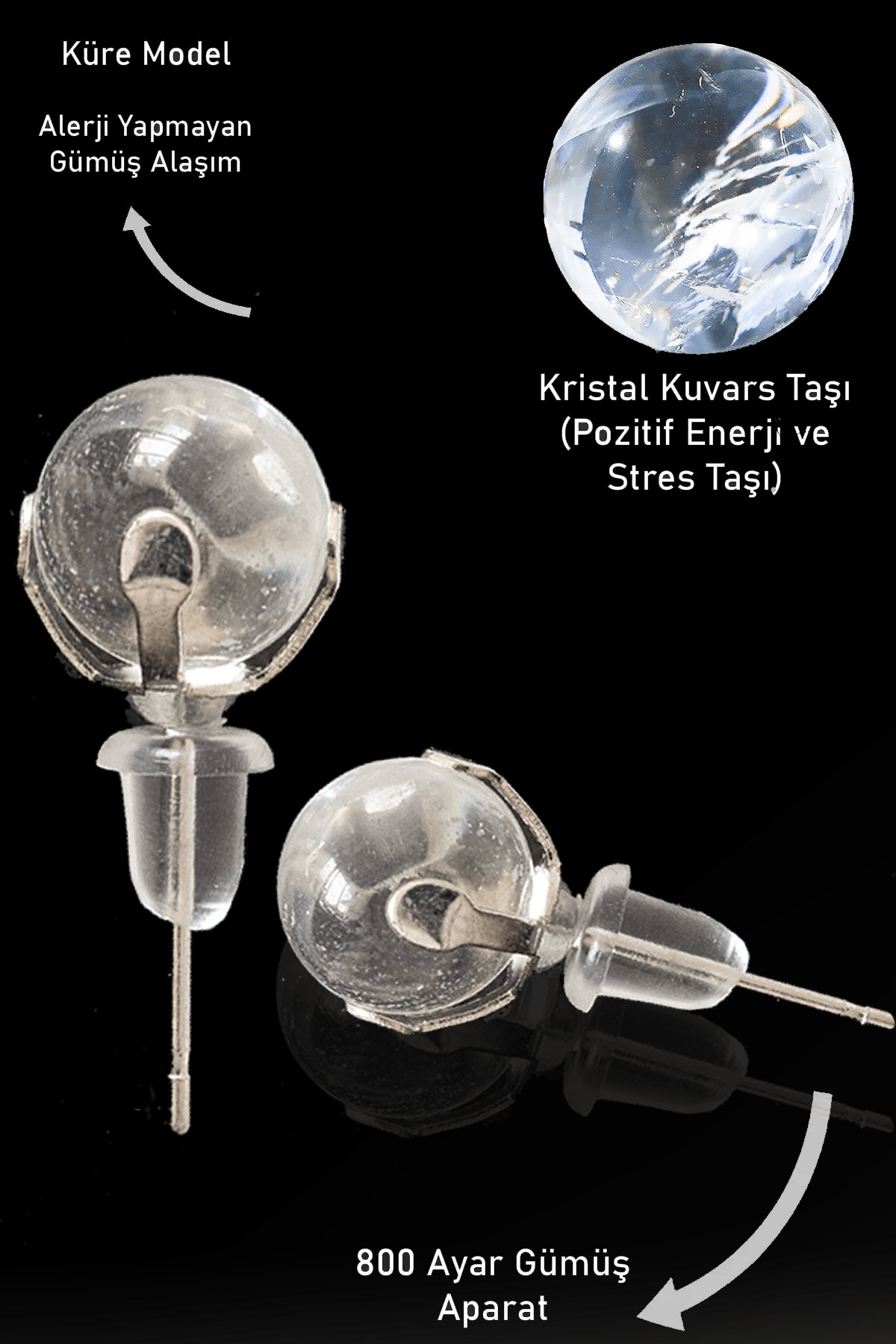 Sertifikalı Gerçek Kristal Kuvars Taşı Nokta Doğal Taş Küpe