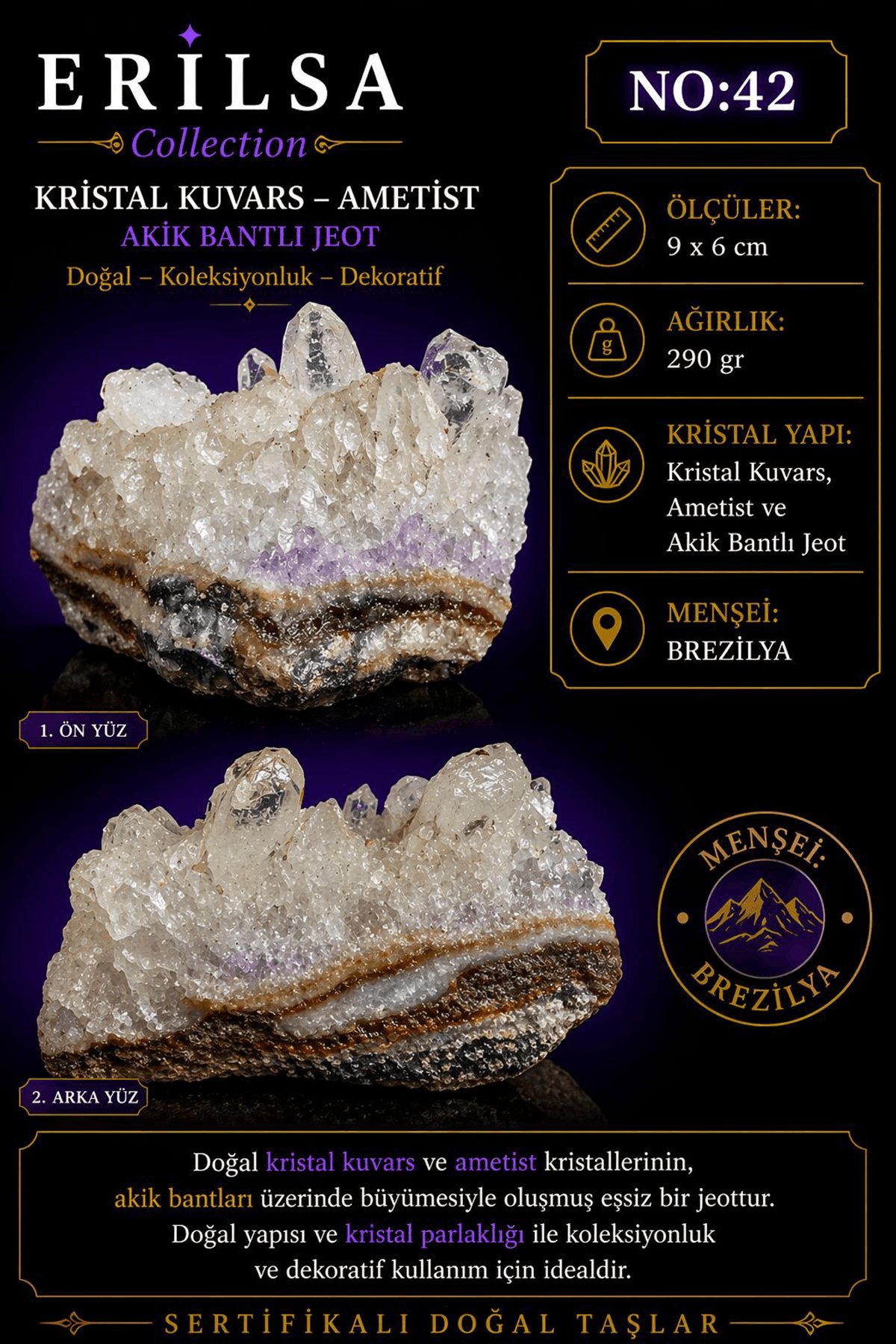 Sertifikalı Kristal Kuvars Ametist Akik Bantlı Jeot Doğal Dekoratif Koleksiyonluk NO42