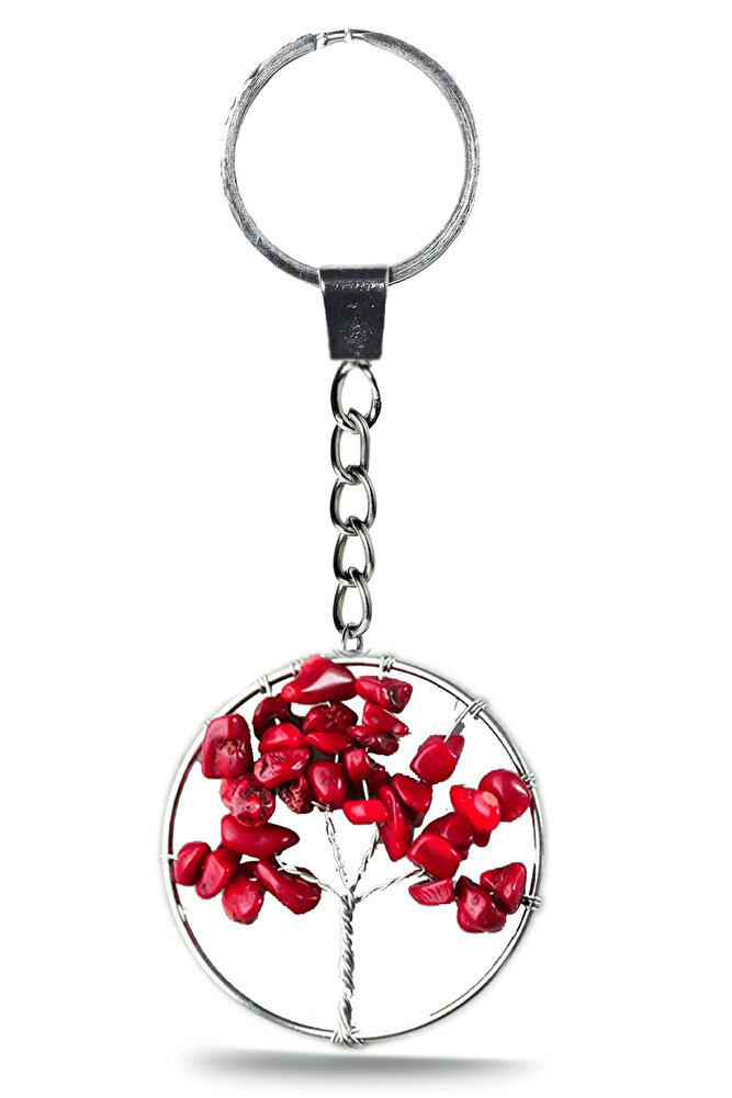 Sertifikalı Kırmızı Mercan Taşı Hayat Ağacı Doğal Taş Anahtarlık