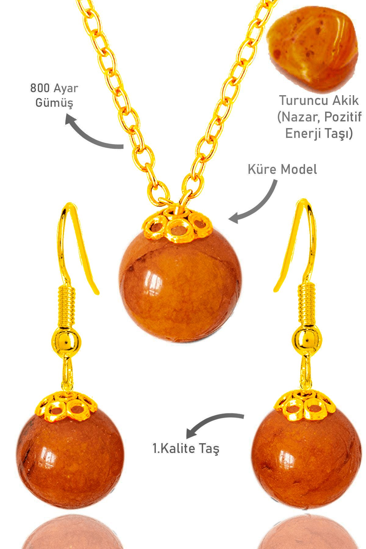 Sertifikalı Gold Küre Model Turuncu Akik Taşı Kolye ve Küpe Seti - Gümüş Aparatlı - Koyu Renk