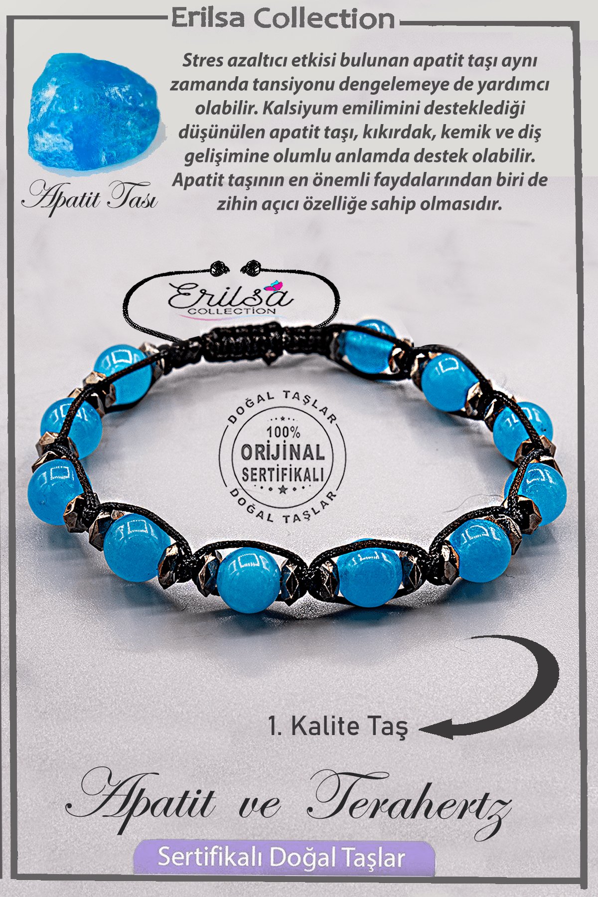 Sertifikalı AAA+ Kalite Gerçek Terahertz - Apatit Taşı Bileklik