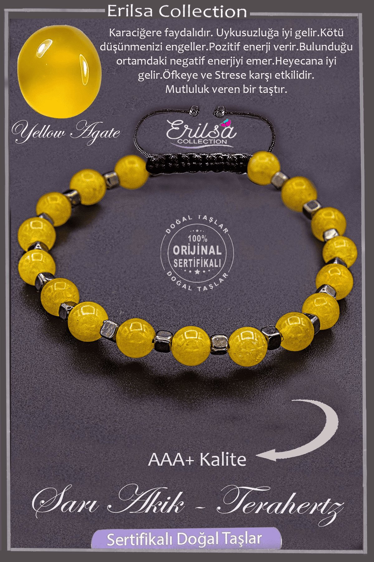 Sertifikalı AAA+ Kalite Gerçek Terahertz - Sarı Akik Taşı Bileklik