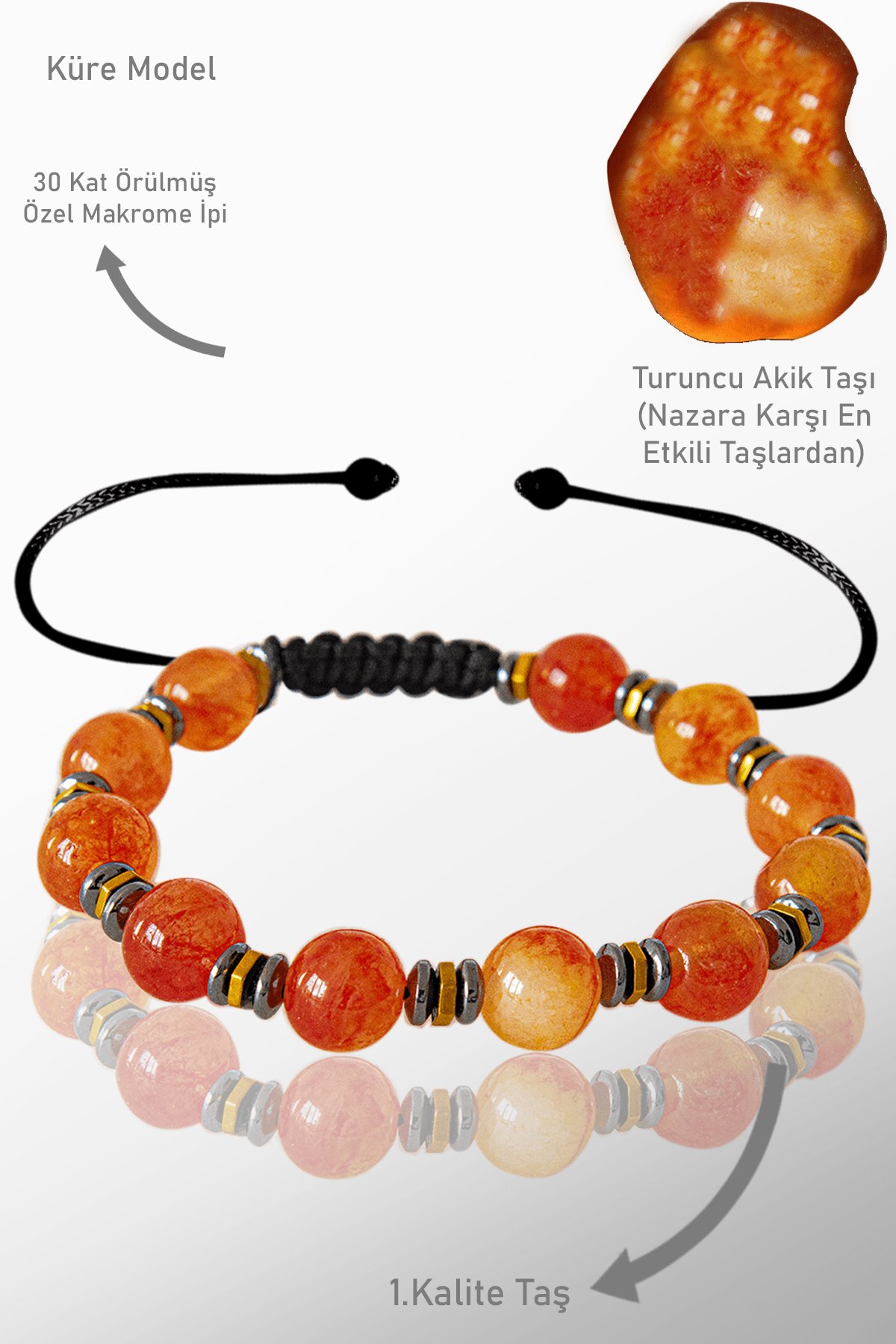 Sertifikalı Gerçek Hematit - Turuncu Akik Taşı Bileklik - Ayarlamalı