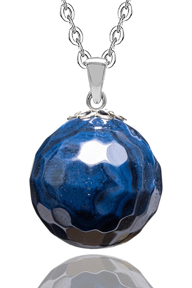 Sertifikalı Fasetli Mavi Akik Taşlı Doğal Taş Kolye