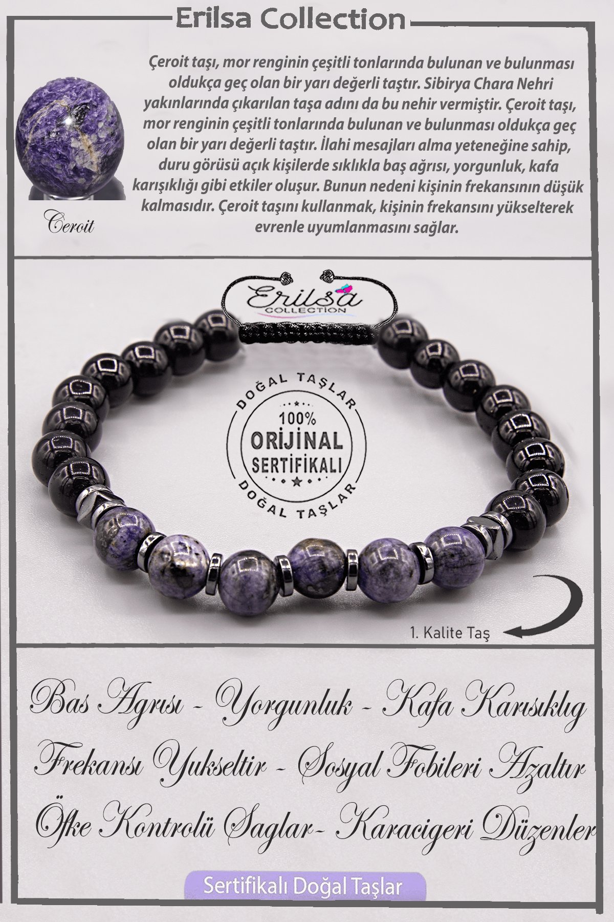 Sertifikalı AAA+ Kalite Gerçek Obsidyen - Çeroit Taşı Bileklik - Ayarlamalı