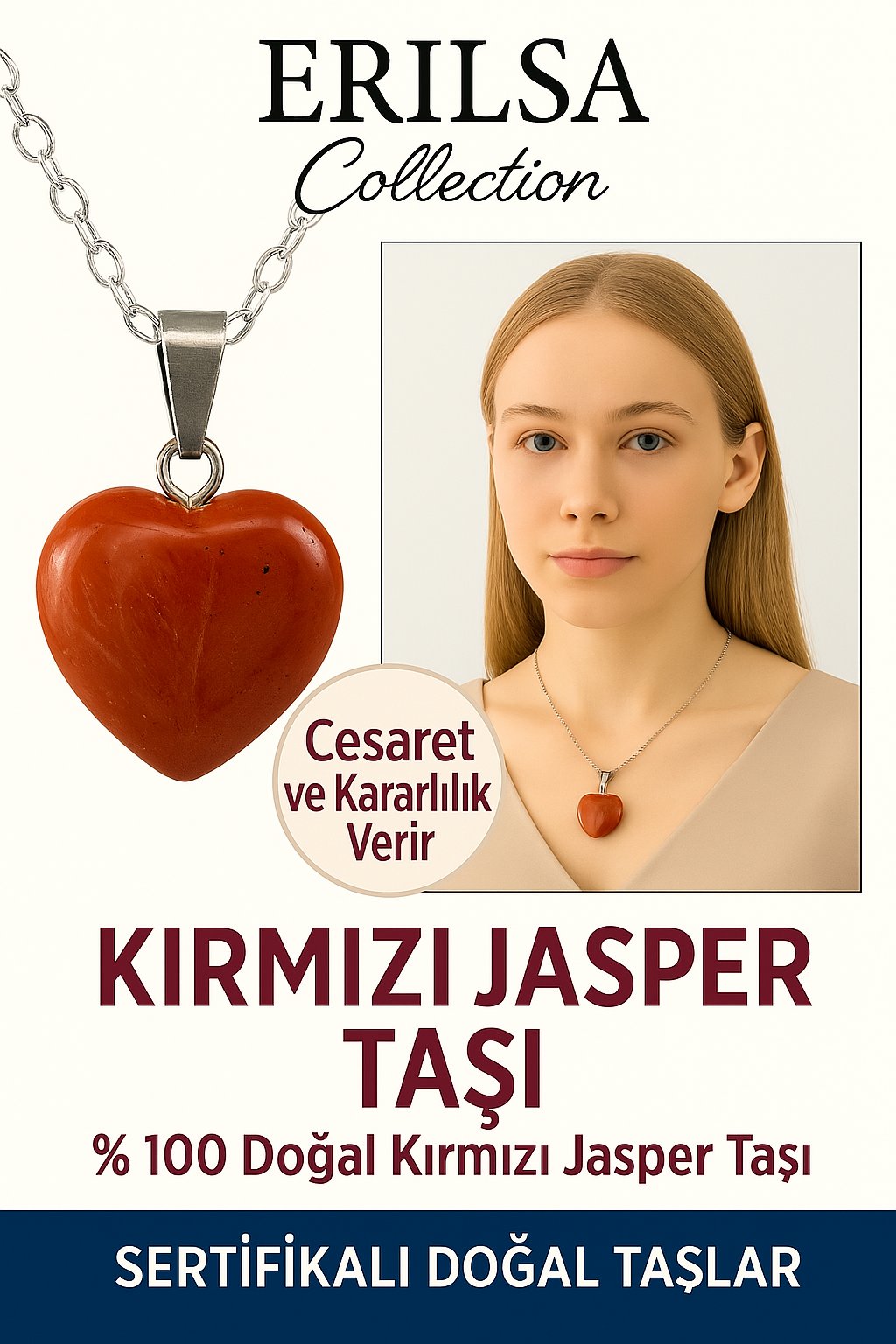 Sertifikalı Kalp Model Kırmızı Jasper Taşı Kolye – Güç, Kararlılık ve Köklenme Taşı