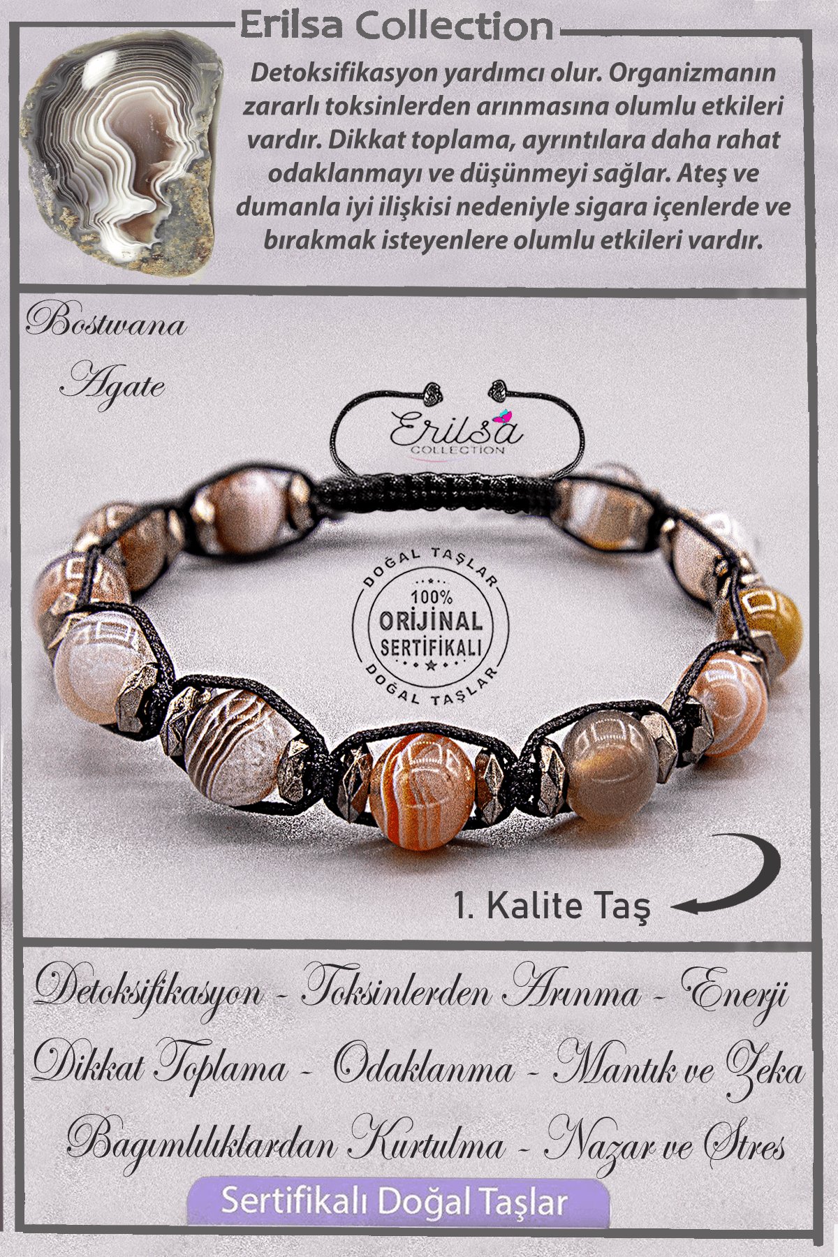 Sertifikalı AAA+ Kalite Gerçek Terahertz - Bostwana Akik Taşı Bileklik