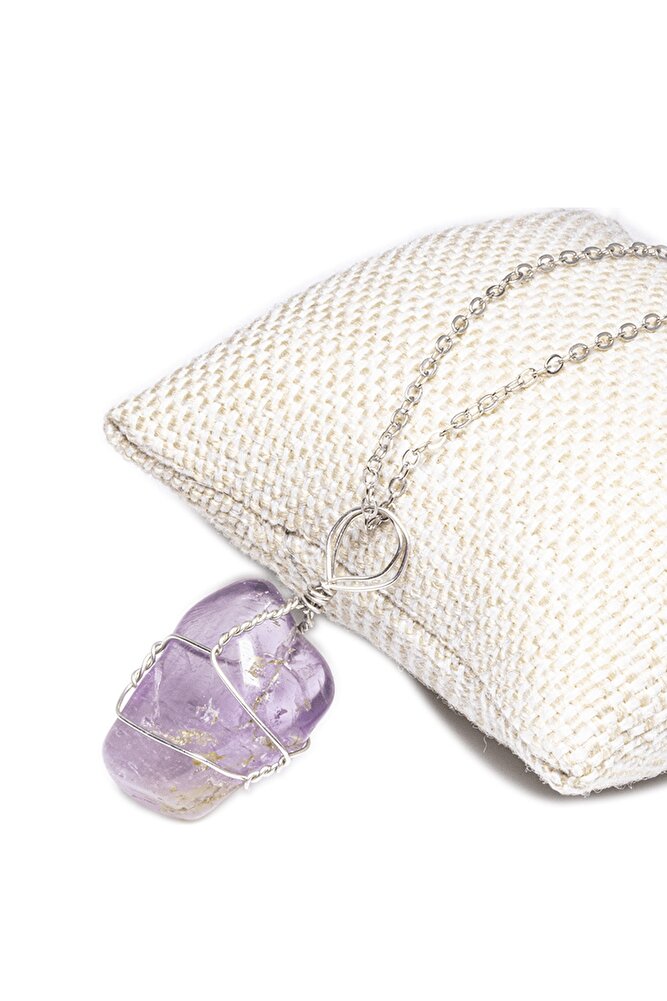 Sertifikalı Doğal Ametist Taşı Kolye - Tel Sargılı