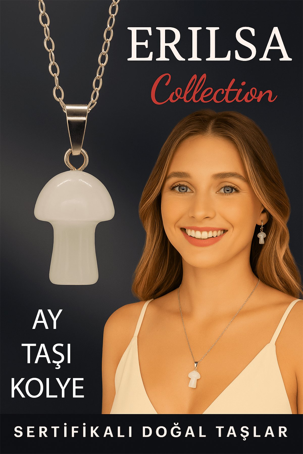 Sertifikalı Mantar Model Ay Taşı Kolye - Şifa ve Enerji Veren Doğal Taş Takı