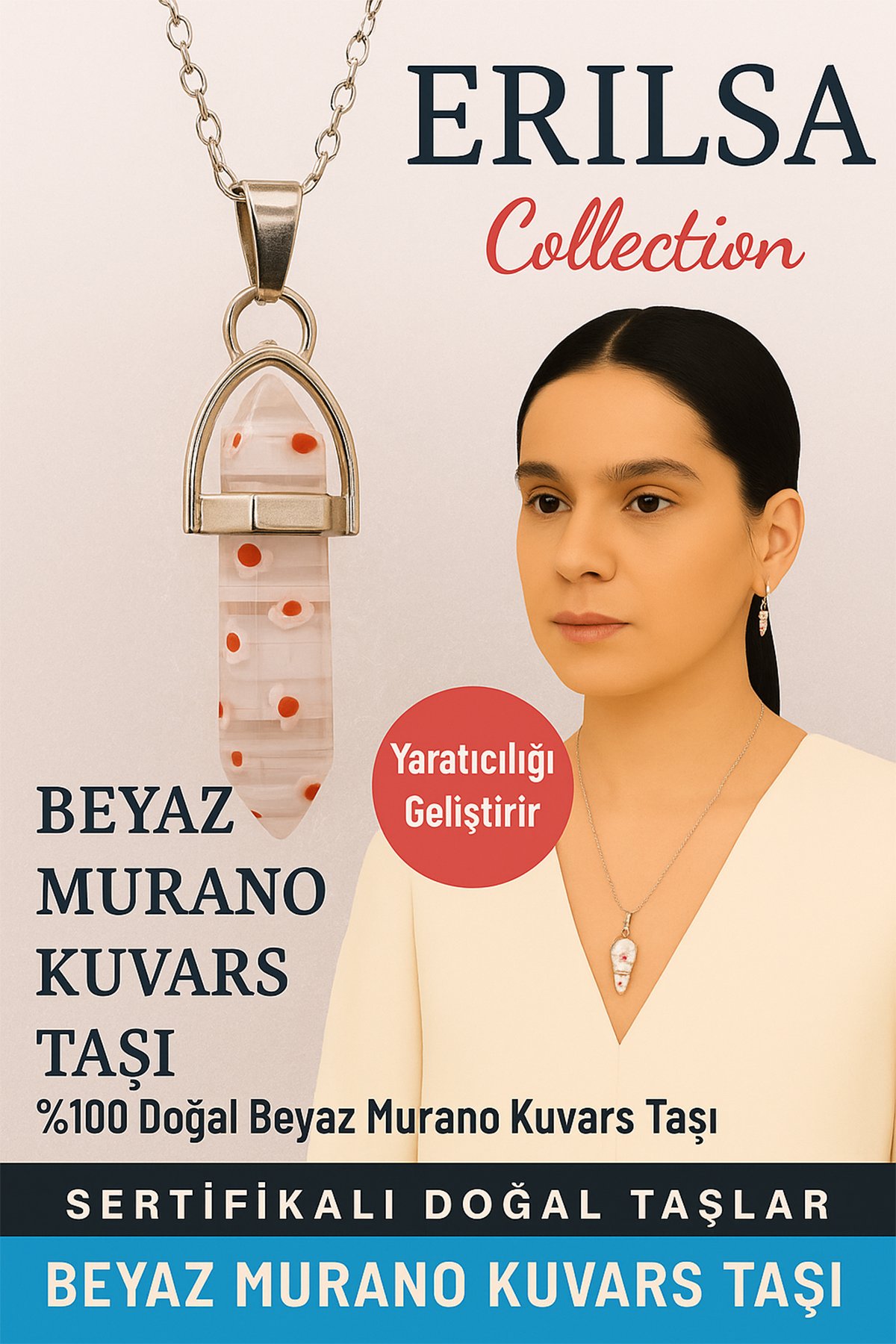 Sertifikalı Çivi Model Beyaz Murano Kuvars Doğal Taş Kolye – Yaratıcılığı Geliştirir