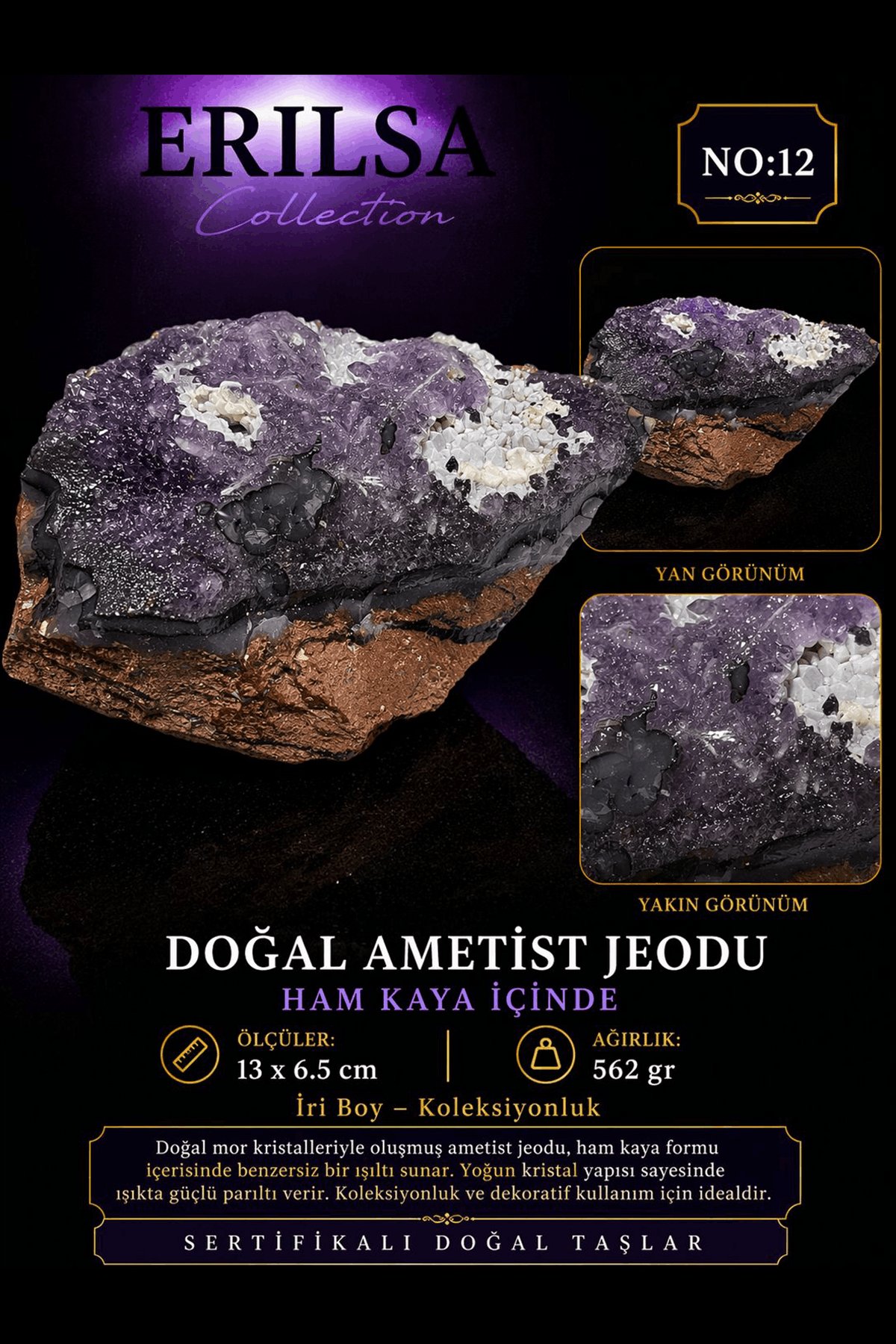 Sertifikalı Doğal Ametist Jeodu Taşı Kütle Büyük Boy Ham Kaya Kristal Küme Koleksiyonluk Dekor