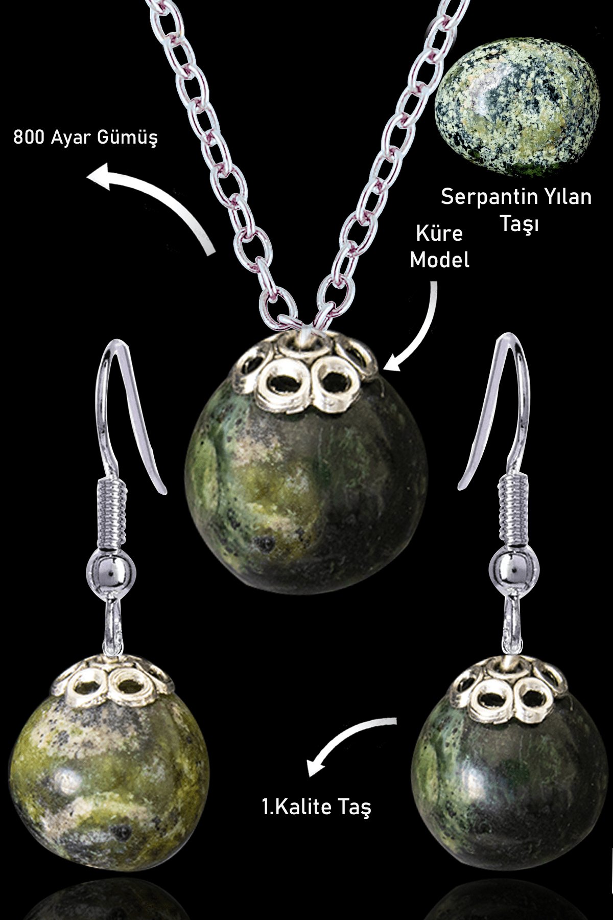 Sertifikalı Küre Model Serpantin Yılan Taşı Kolye ve Küpe Seti - Gümüş Aparatlı