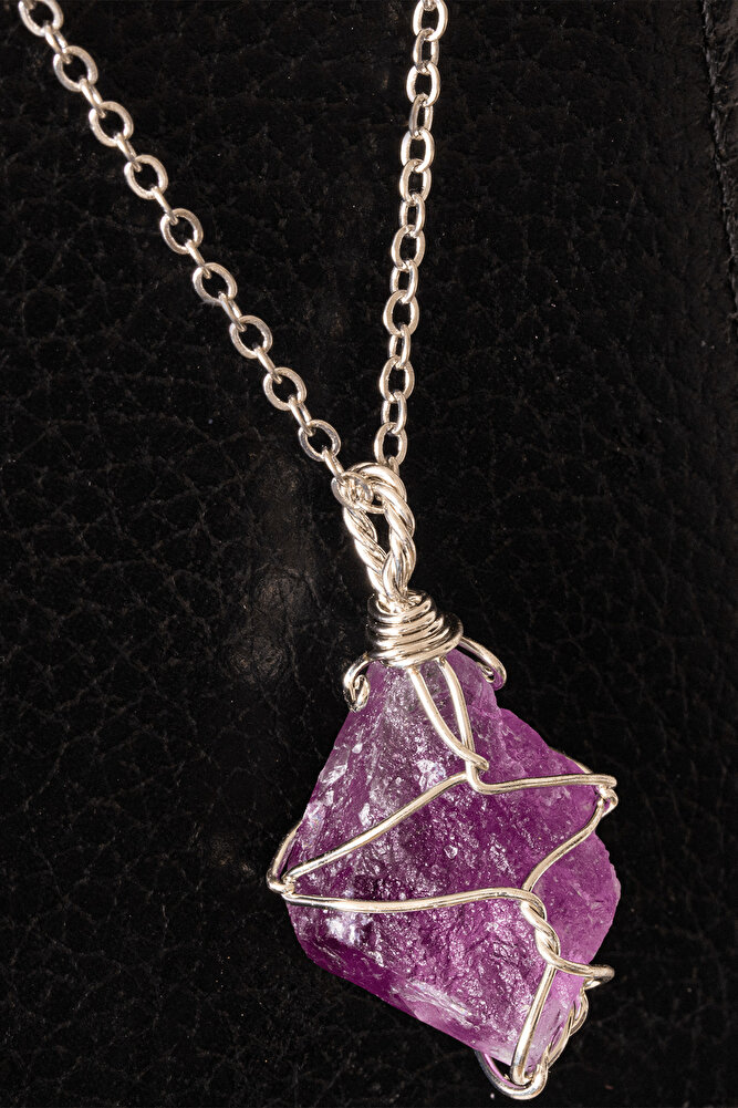 Sertifikalı Tel Sargılı Ham Ametist Taşı Kolye