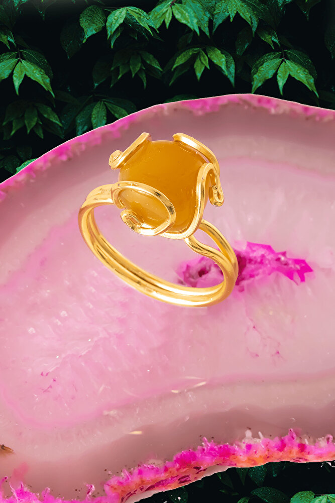 Sertifikalı Rokoko Model Sarı Akik Taşı Yüzük - Ayarlamalı