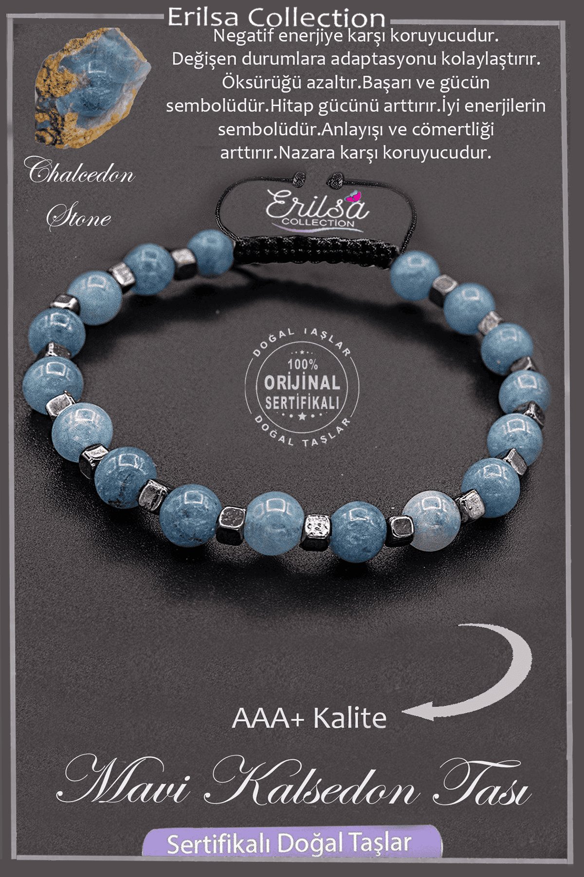 Sertifikalı AAA+ Kalite Gerçek Terahertz - Mavi Kalsedon Taşı Bileklik