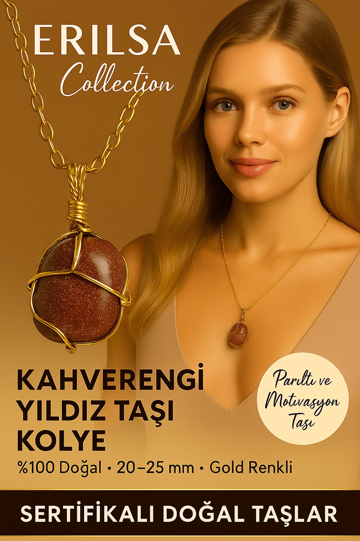 Sertifikalı Gold Renkli Doğal Kahverengi Yıldız Taşı Kolye – Parıltı ve Motivasyon Taşı