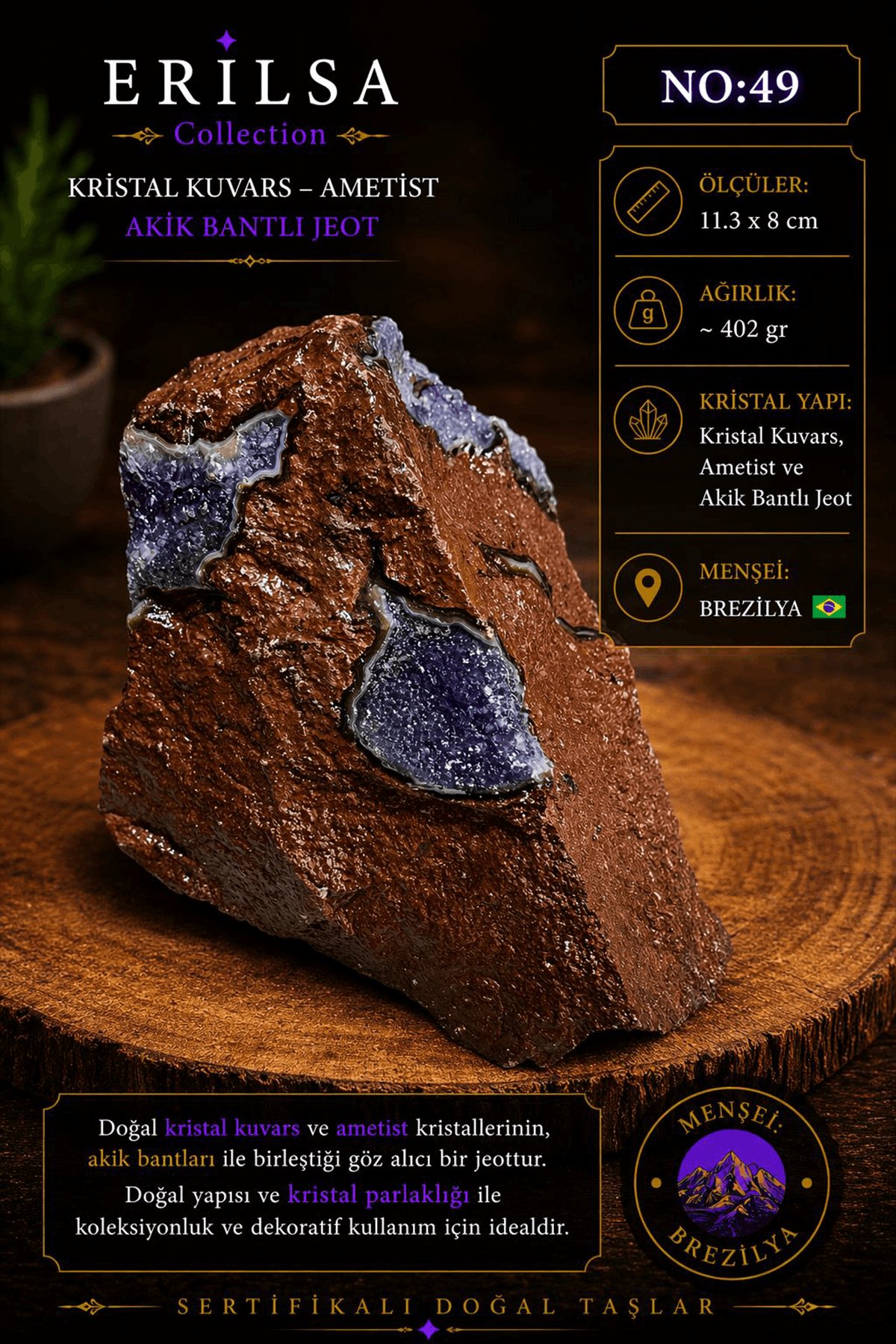 Sertifikalı Kristal Kuvars Ametist Akik Bantlı Jeot Dekoratif Koleksiyonluk NO49