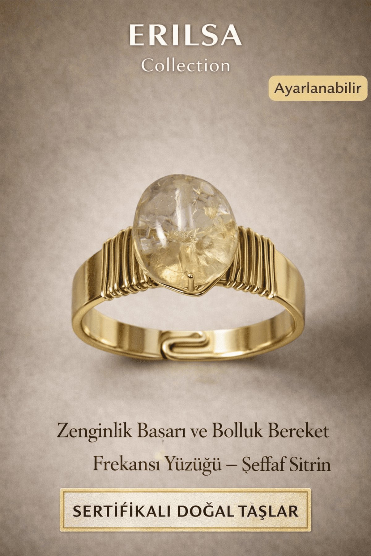 Sertifikalı Şeffaf Sitrin Doğal Taş Yüzük – Bolluk Bereket Enerji Ayarlanabilir