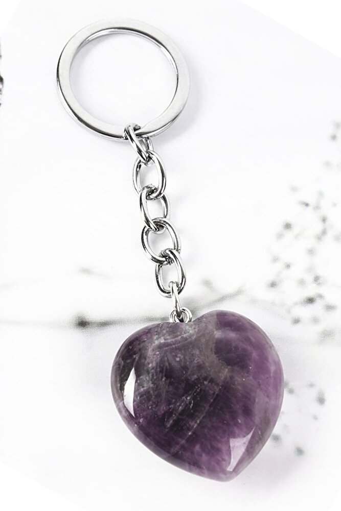 Sertifikalı Kalp Model Ametist Doğal Taş Anahtarlık