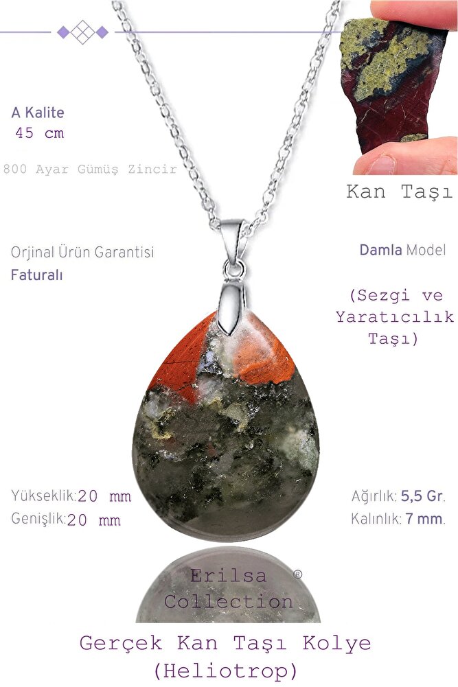 Sertifikalı Damla Model Kan Taşı Kolye (HELİOTROP) - Gümüş Aparatlı