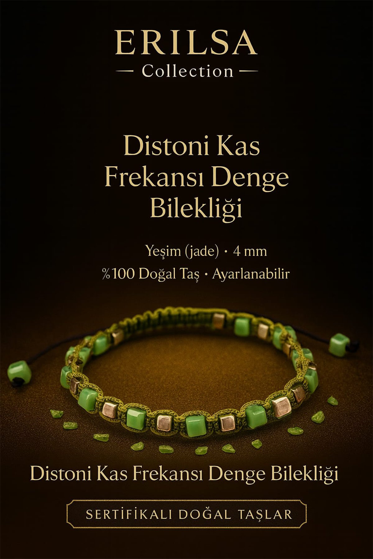 Sertifikalı Distoni Kas Frekansı Denge Bilekliği – Yeşim (Jade) Doğal Taş 4 mm Ayarlanabilir