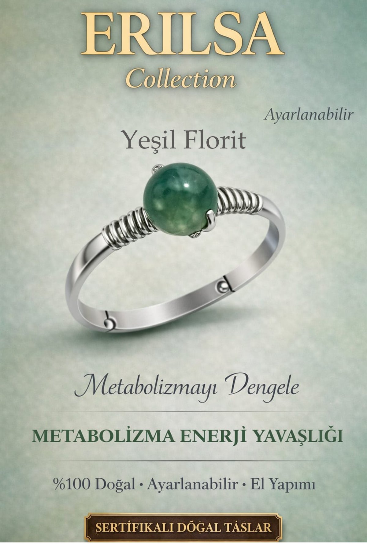 Sertifikalı Metabolizma Enerji Yüzüğü – Yeşil Florit Ayarlanabilir İnce Kasa Başak Oğlak Kova Burcu