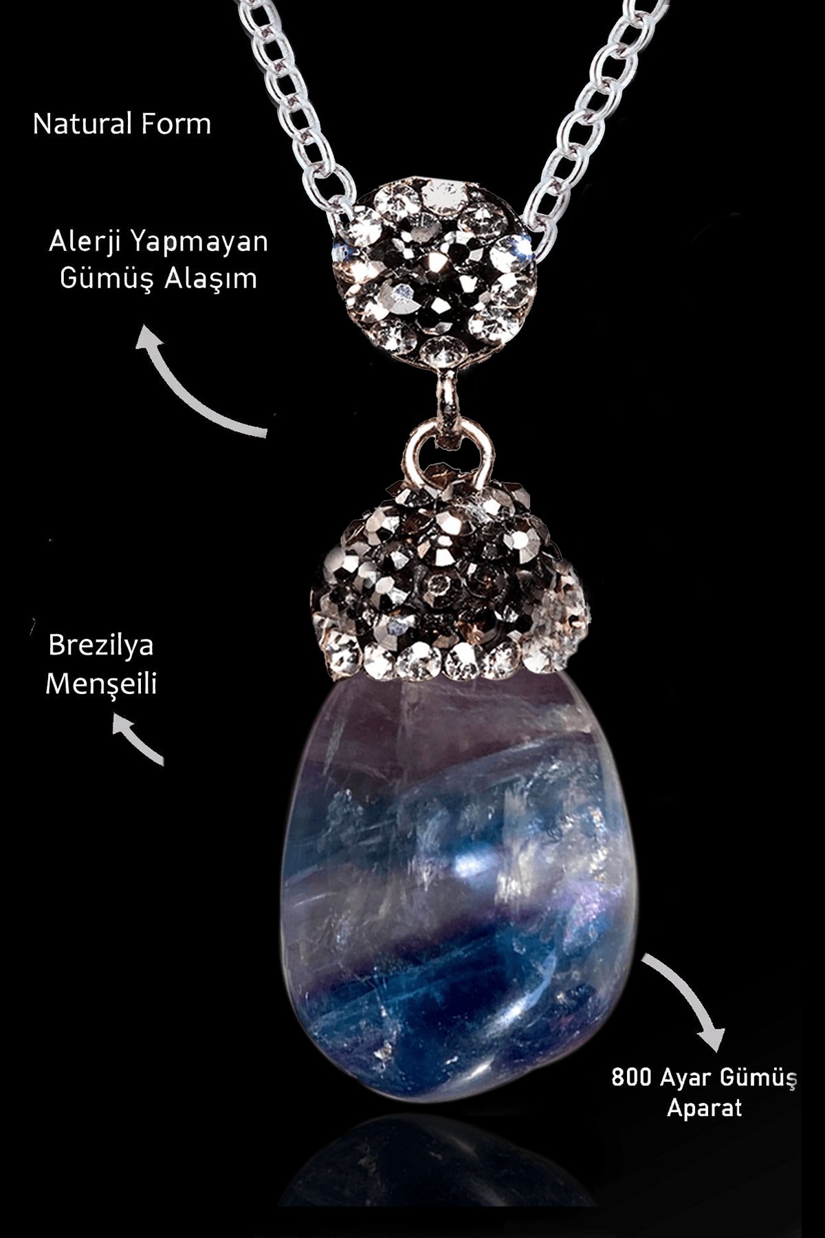 Sertifikalı Zirkon Taşlı Model Ham Renkli Florit Taşı Kolye