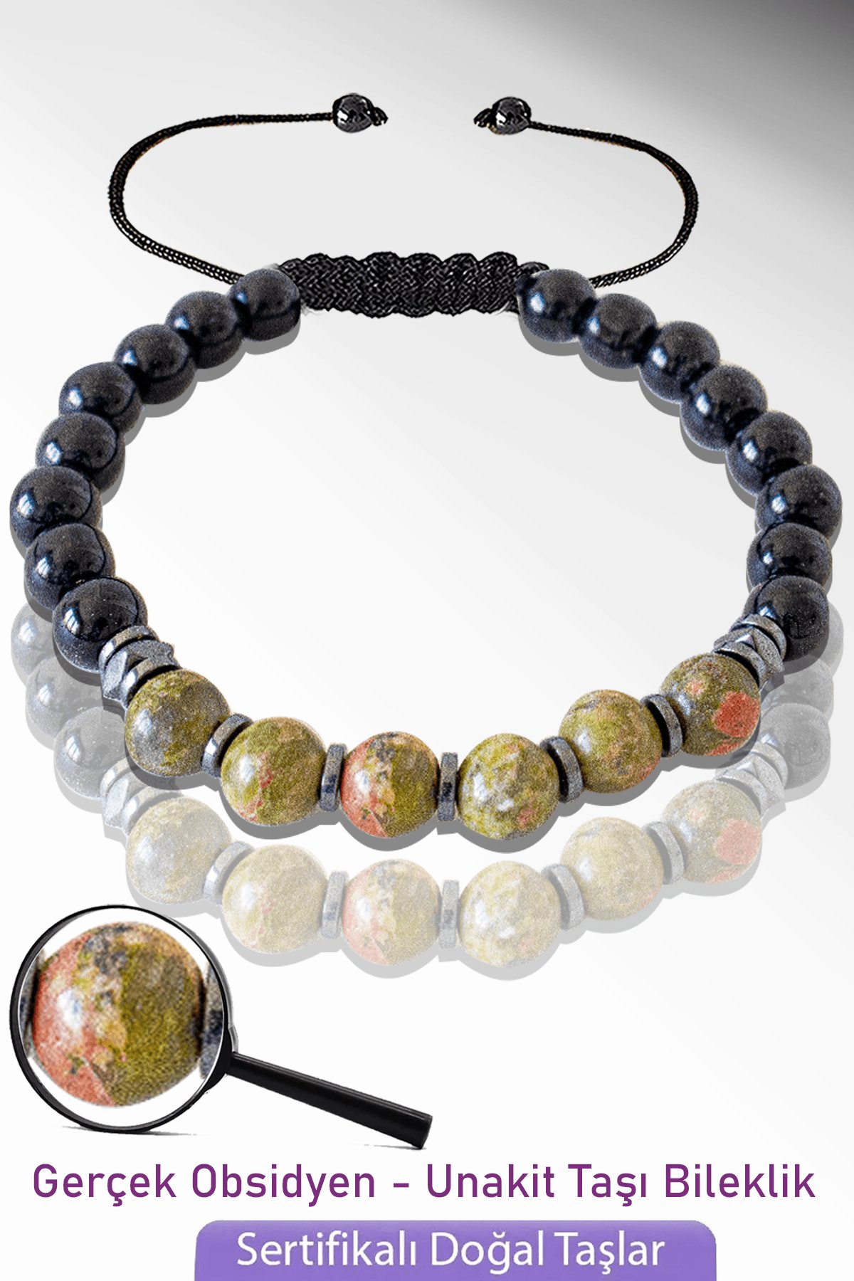 Sertifikalı Gerçek Doğal Obsidyen -  Unakit Taşı Bileklik - Ayarlamalı