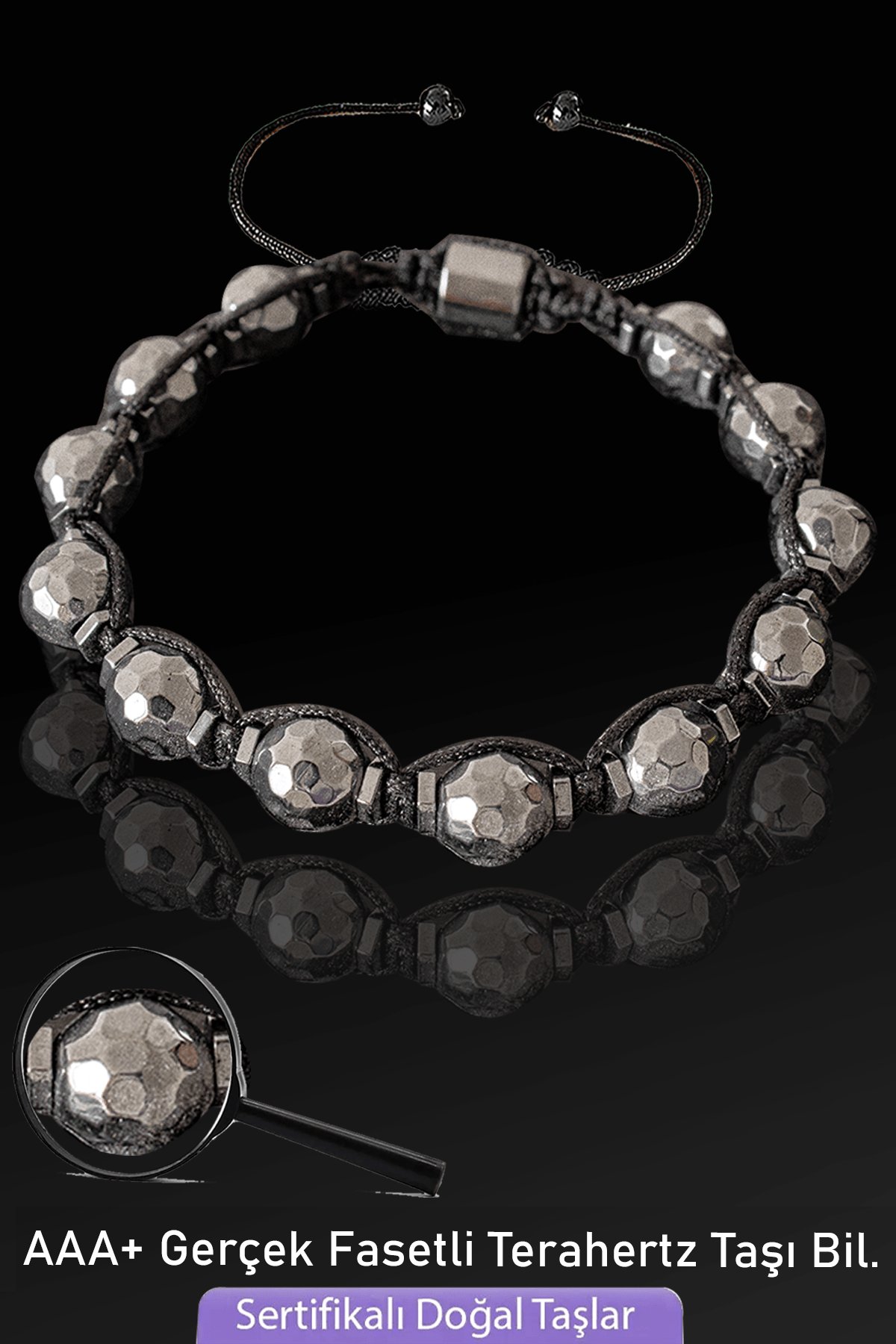 Sertifikalı AAA+ Fasetli Gerçek Terahertz Taşı Bileklik - Ayarlamalı