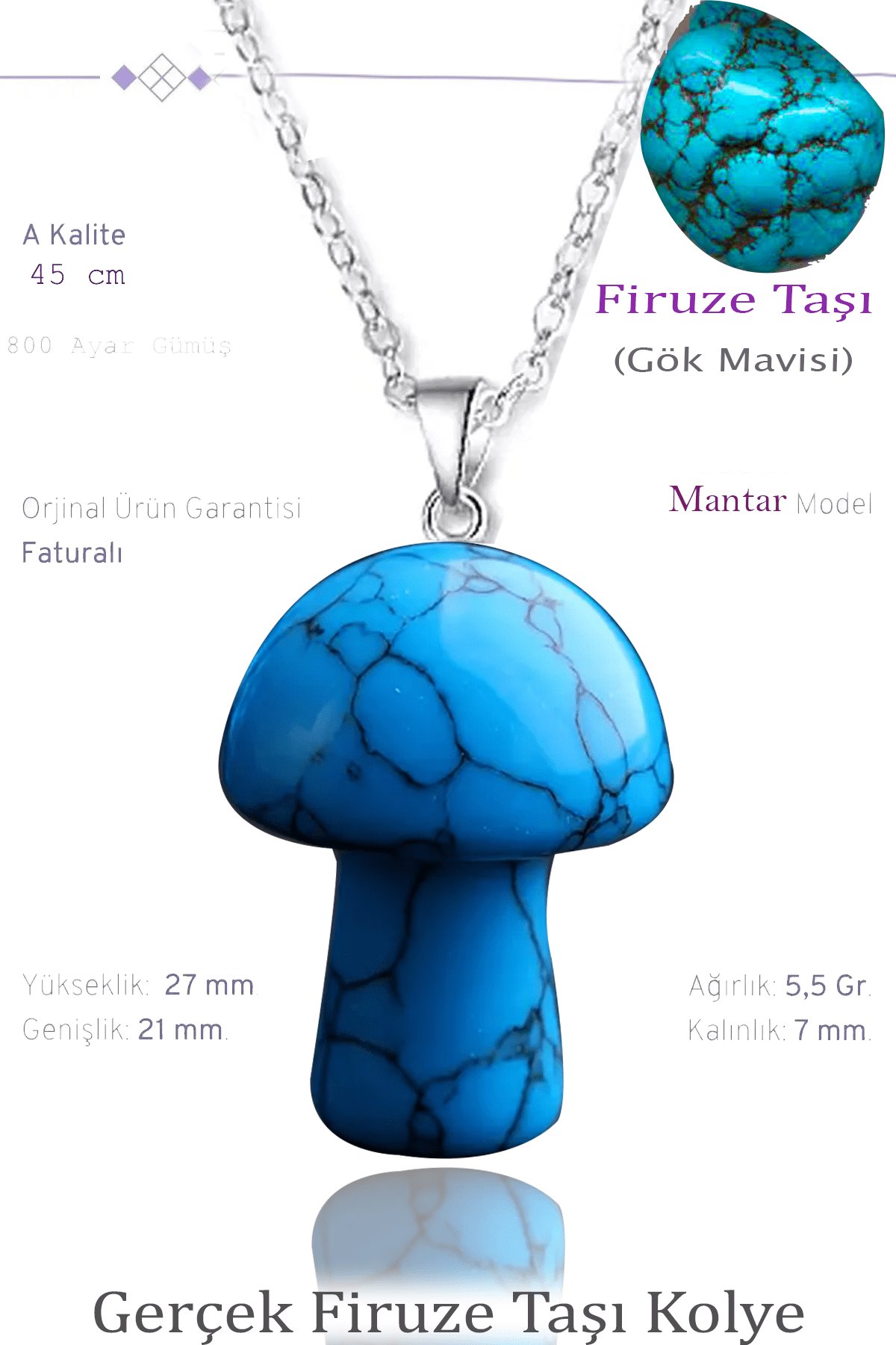 Sertifikalı Mantar Model Firuze Taşı Kolye - Gümüş Aparatlı