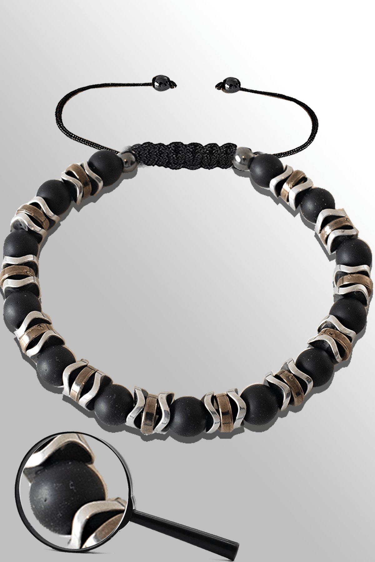 Sertifikalı Silver Hematitli Ham Oniks Taşı Bileklik - Ayarlamalı