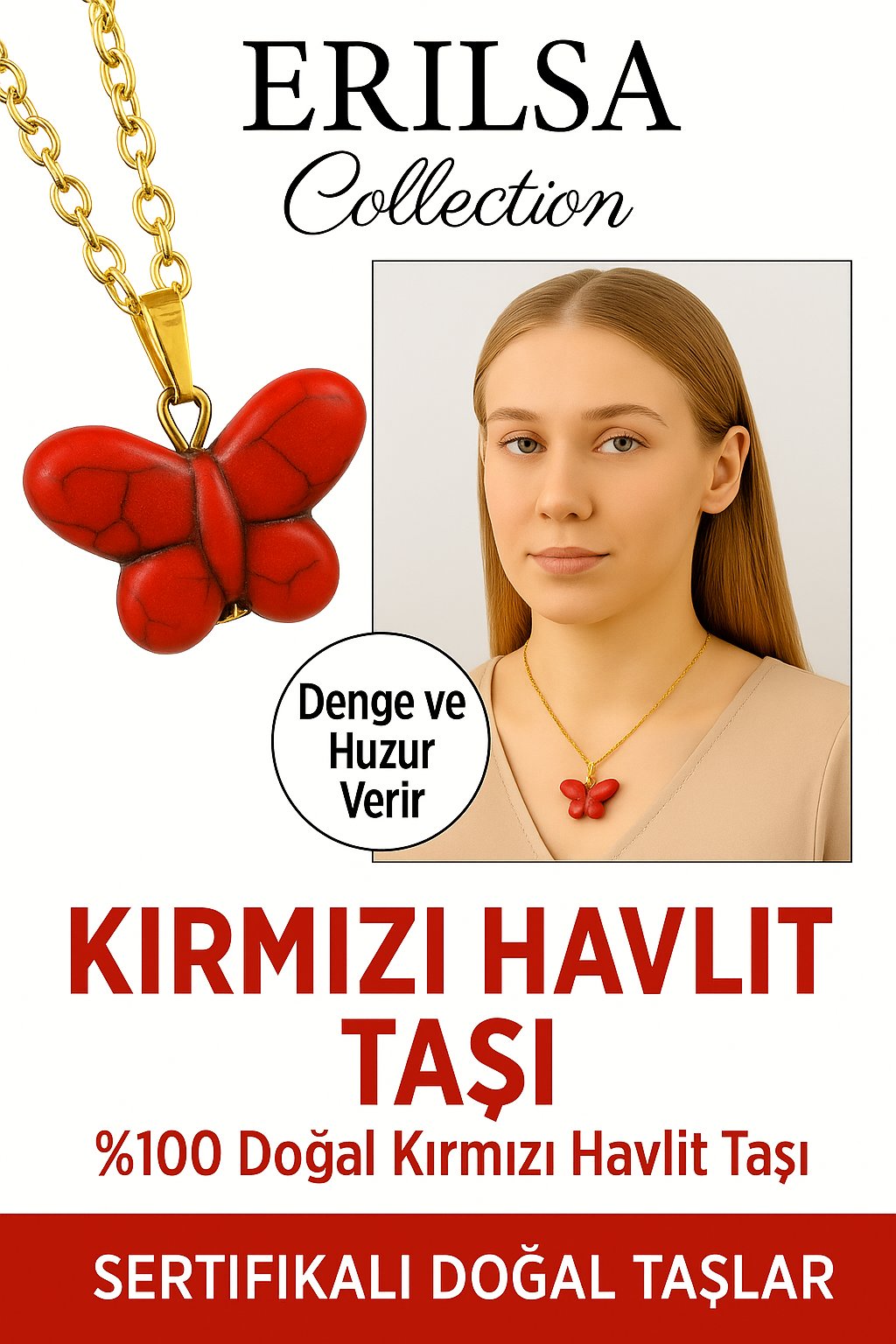 Sertifikalı Sarı Renkli Kelebek Model Kırmızı Havlit Taşı Kolye – Enerji, Denge ve Dönüşüm Taşı