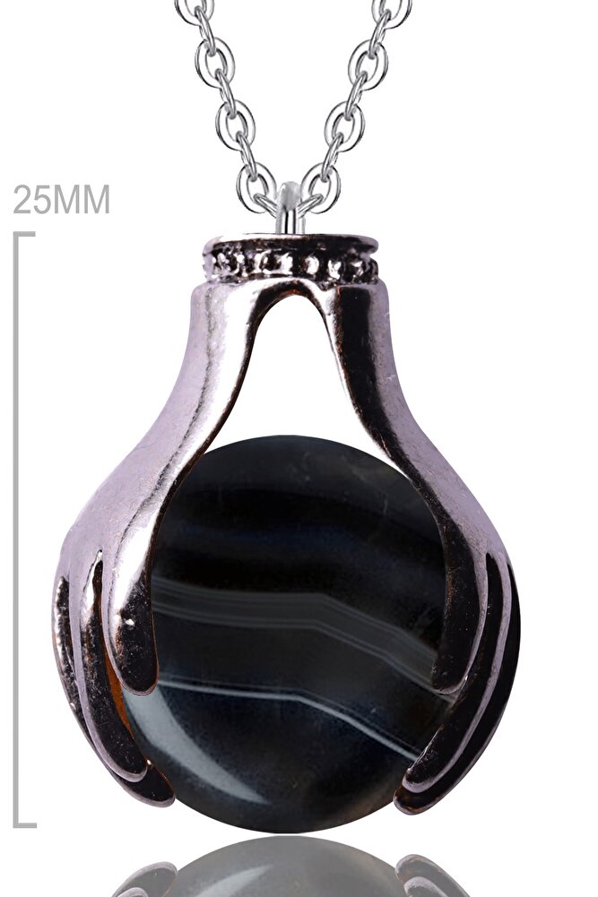 Sertifikalı El Sembolü Küre Kesim Siyah Doğal Akik Taşı Kolye