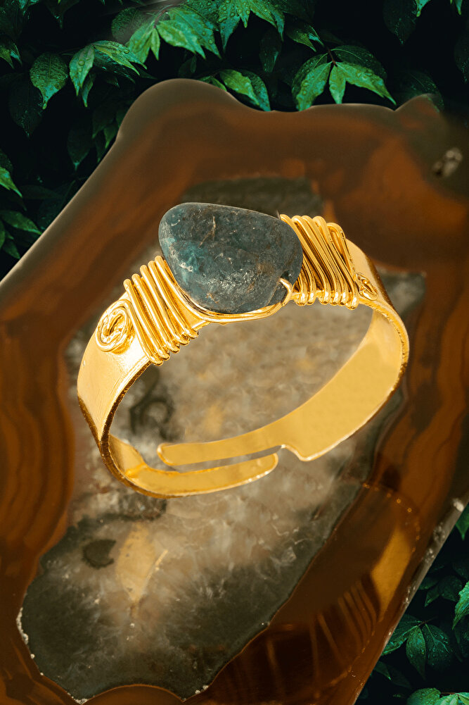 Sertifikalı Kalın Tımbıl Gold Model Mavi Apatit Taşı Yüzük - Ayarlamalı