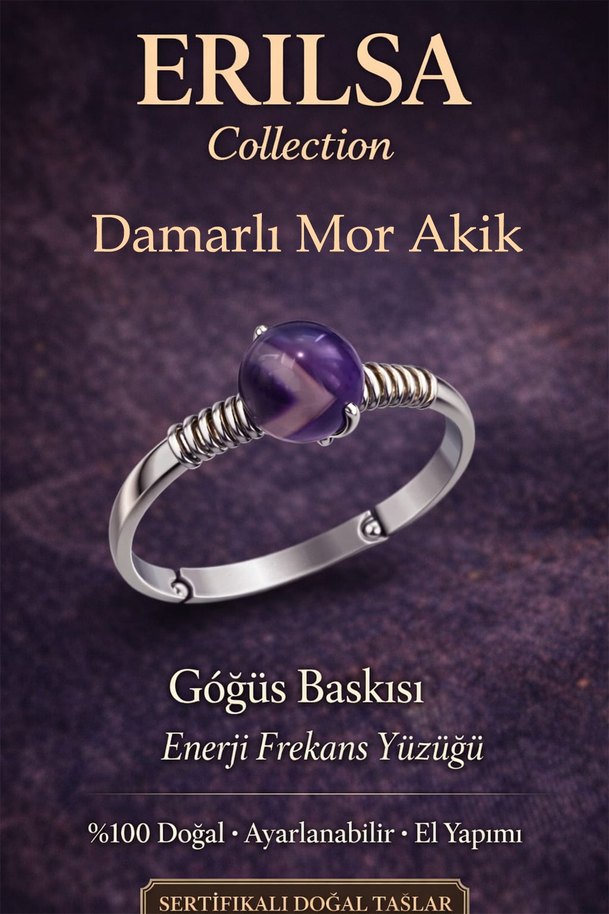 Sertifikalı Göğüs Baskısı Enerji Yüzüğü – Damarlı Mor Akik Ayarlamalı İnce Kasa Yengeç Balık Terazi