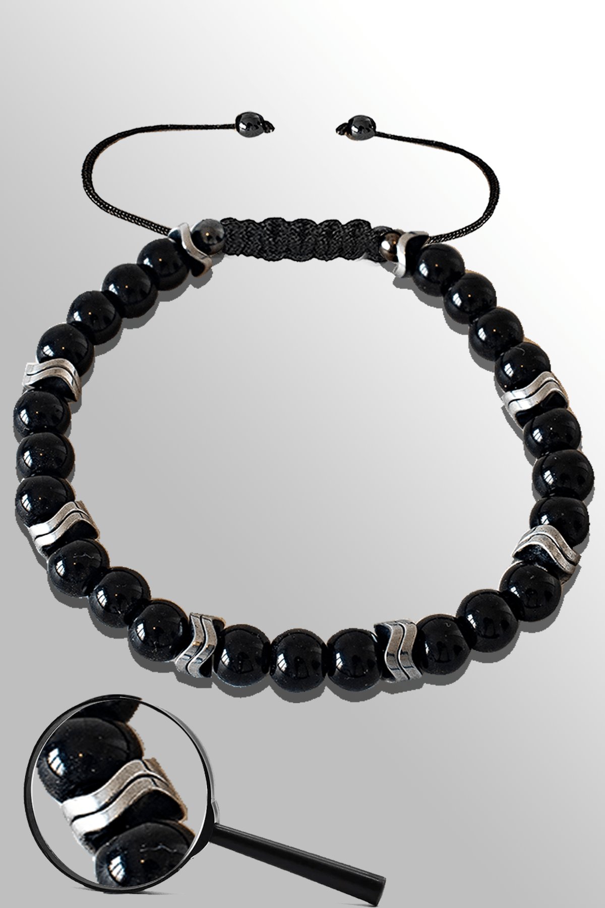 Sertifikalı Gümüş Çavuş Hematitli Siyah Obsidyen Taşı Bileklik - Ayarlamalı
