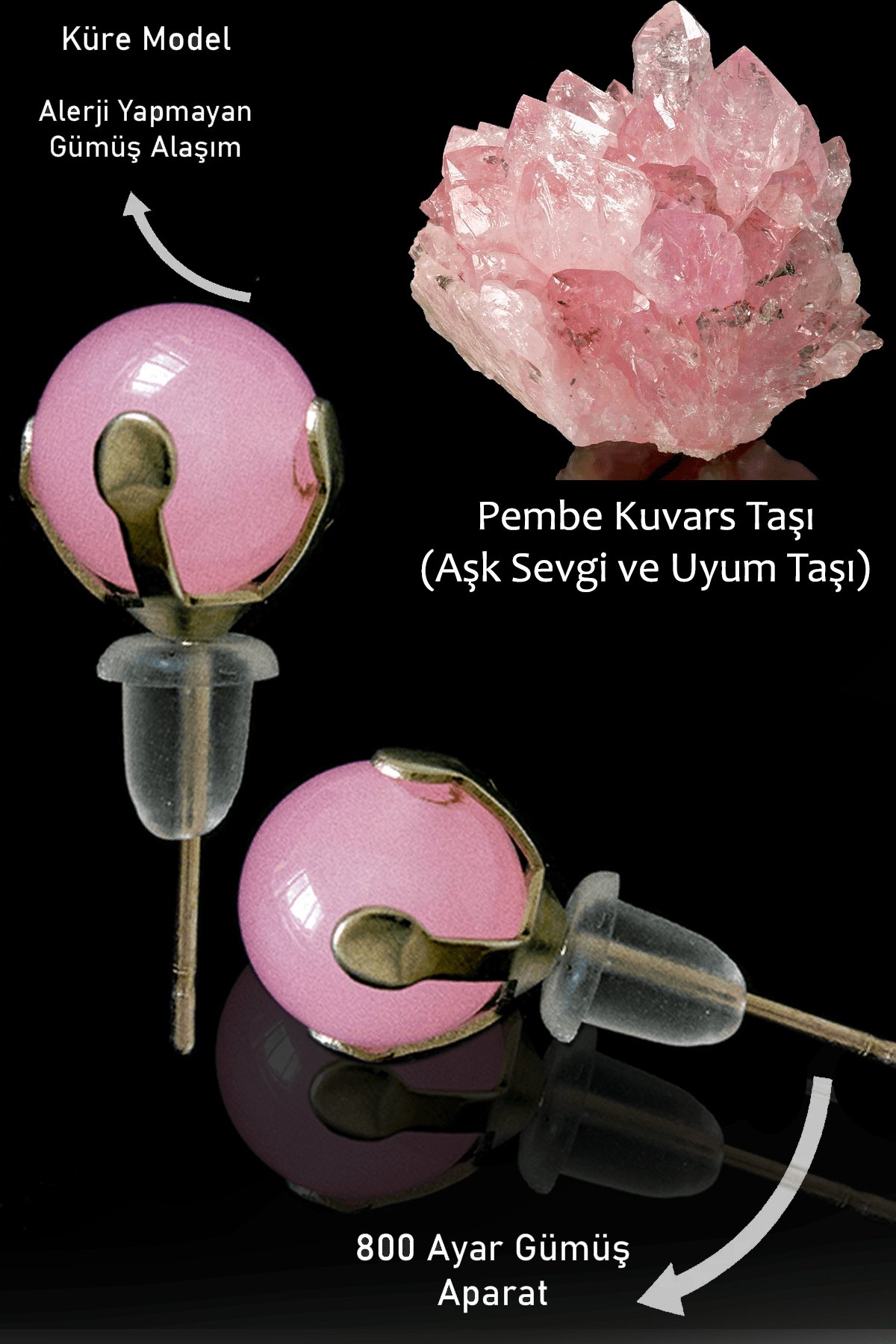 Sertifikalı Gerçek Pembe Kuvars Taşı Nokta Doğal Taş Küpe