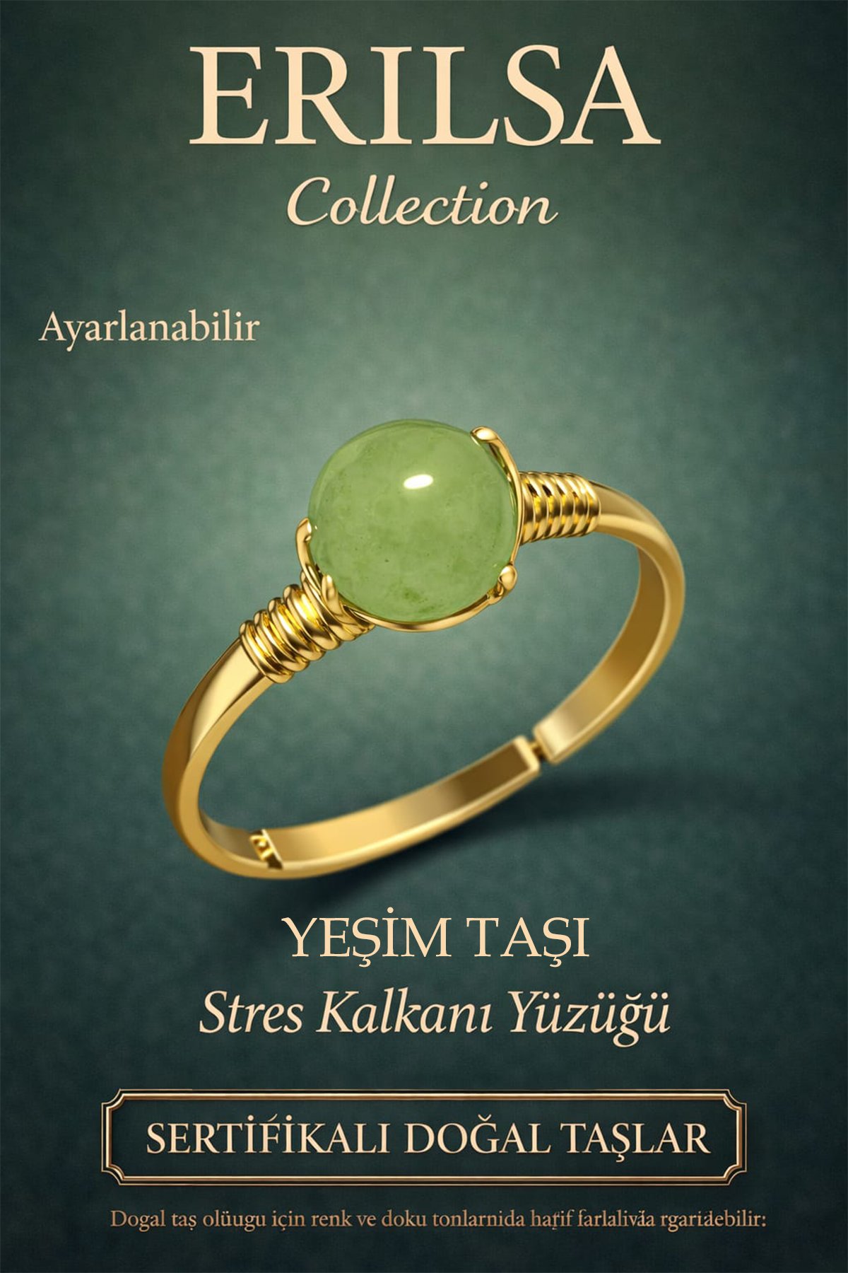 Sertifikalı Stres Kalkanı Enerji Yüzüğü – Yeşim Taşı Ayarlanabilir Gold İnce Model Akrep Yay Burcu