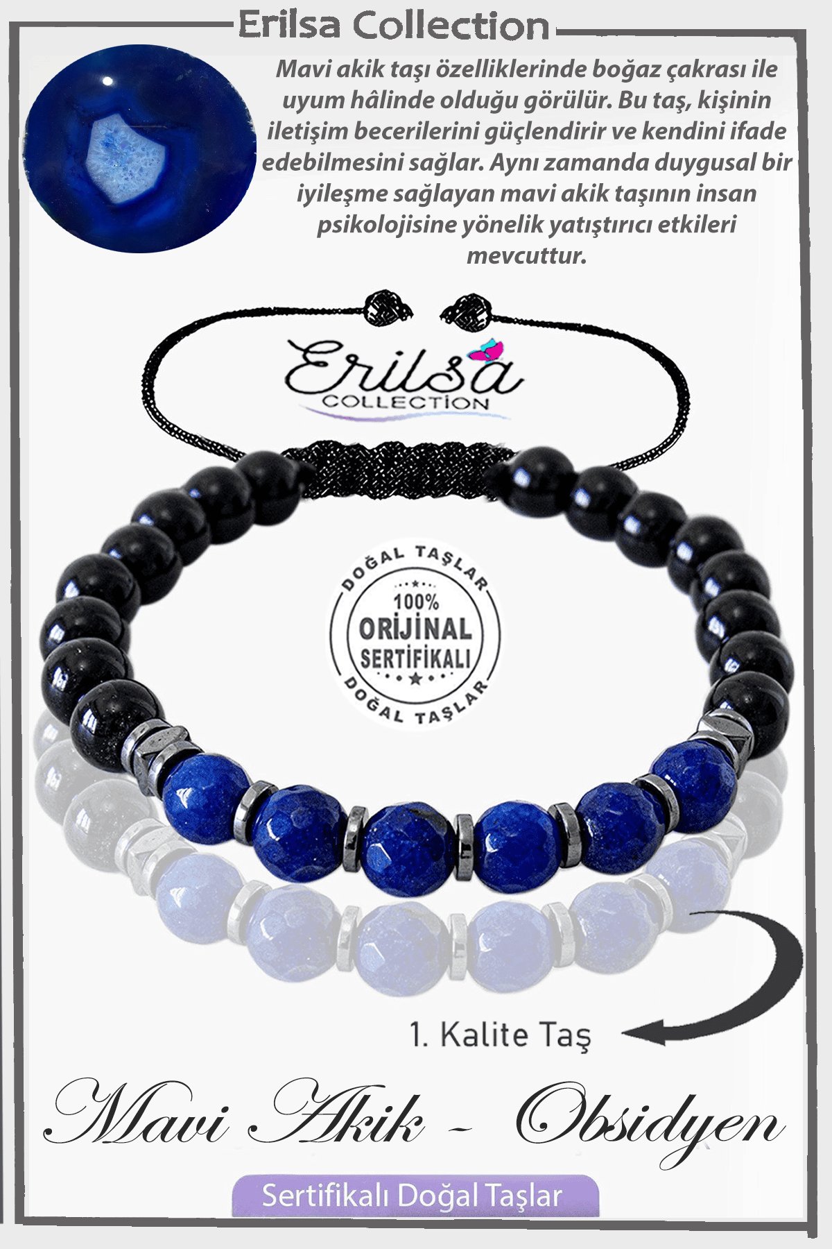 Sertifikalı Gerçek Hematit Obsidyen - Mavi Akik Taşı Bileklik