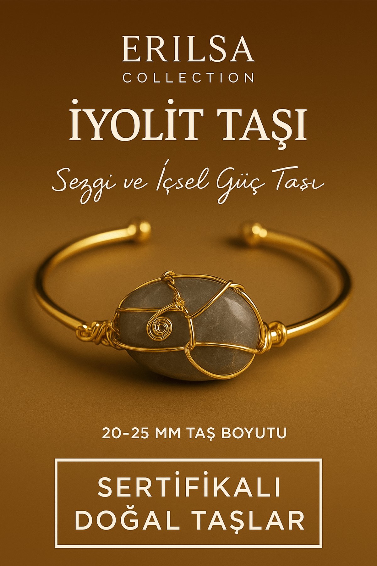 Sertifikalı Doğal İyolit Taşı Ayarlanabilir 24K Altın Kaplama Bileklik 20-25 mm