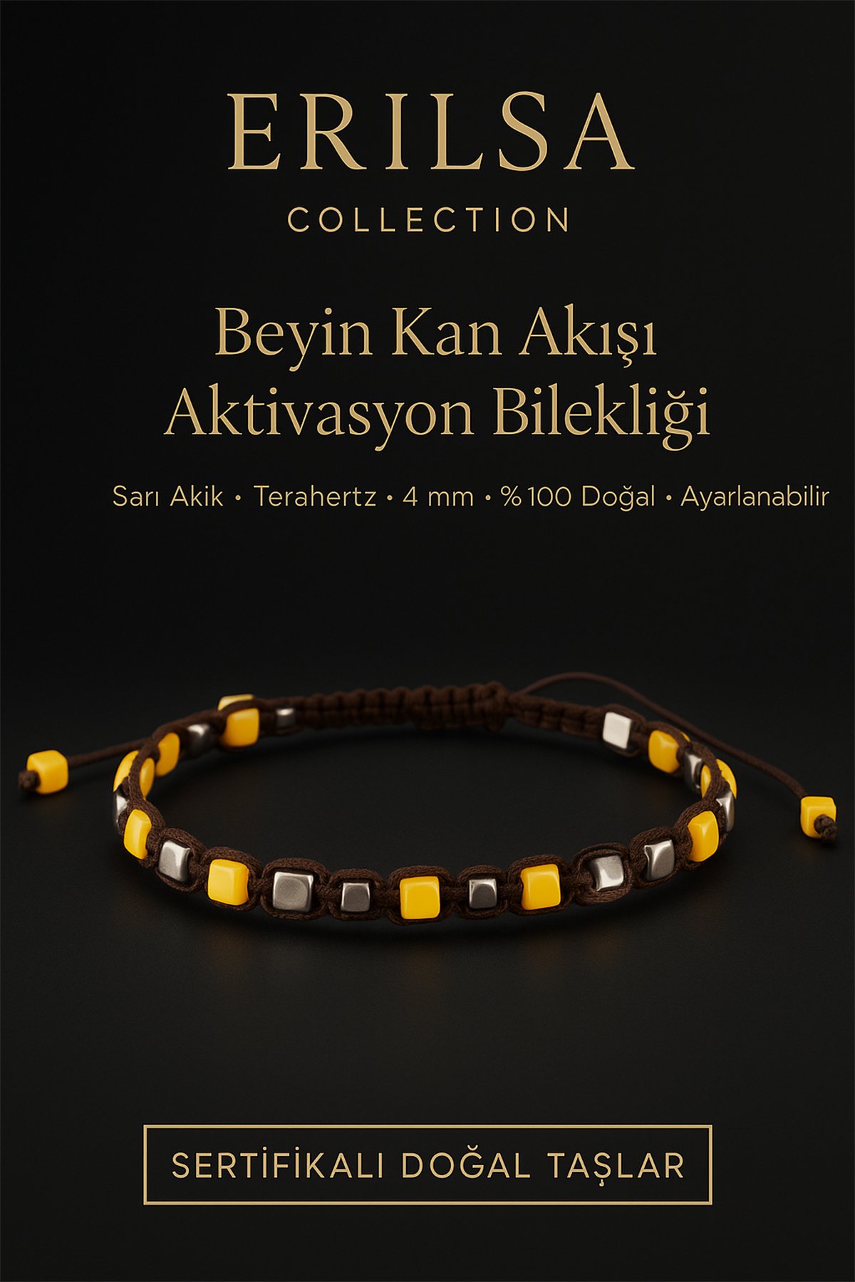 Sertifikalı Beyin Kan Akışı Aktivasyon Bilekliği – Sarı Akik ve Terahertz Doğal Taş 4 mm