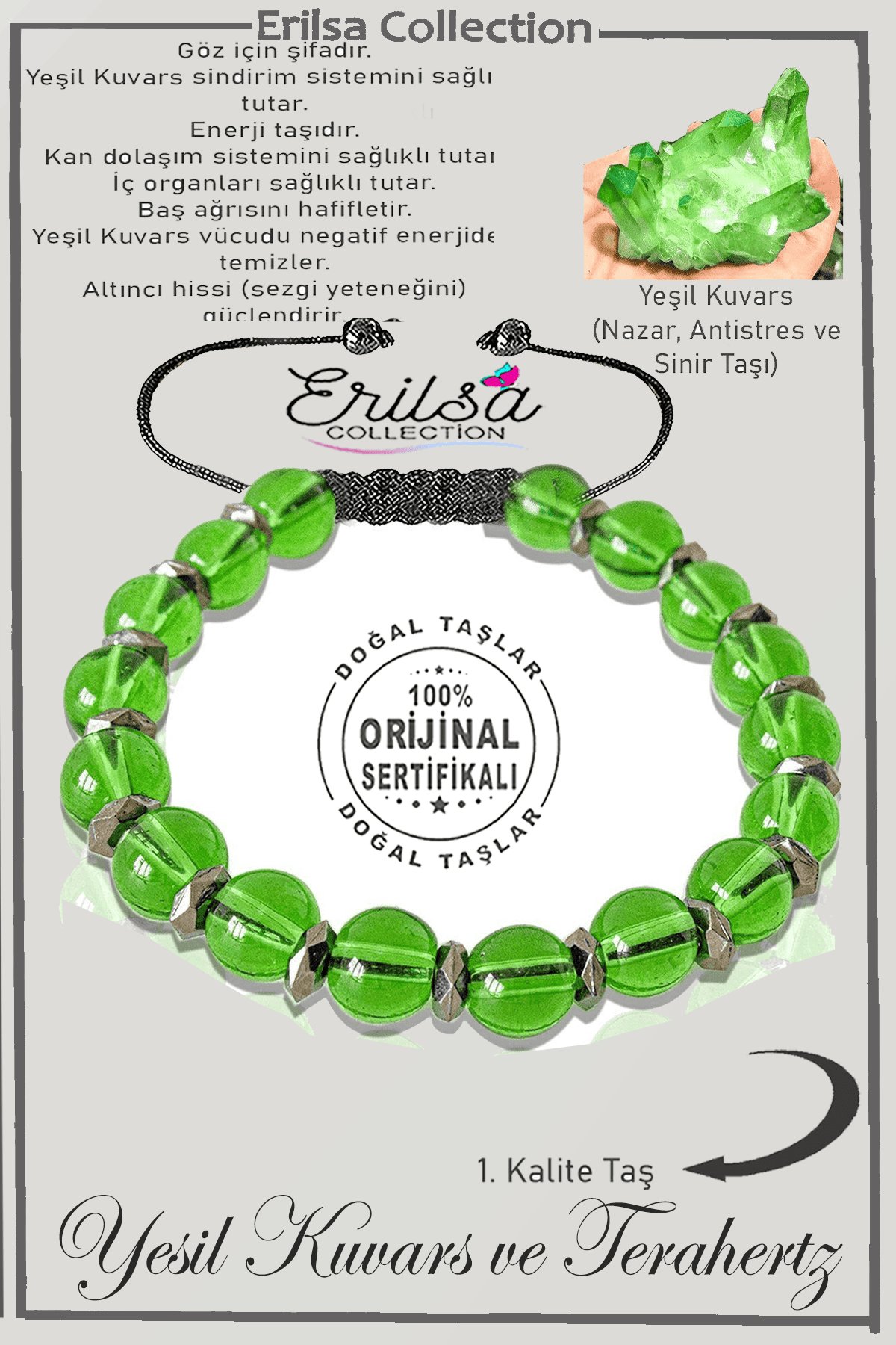 Sertifikalı Gerçek Hematit - Yeşil Kuvars Taşı Bileklik - Ayarlamalı