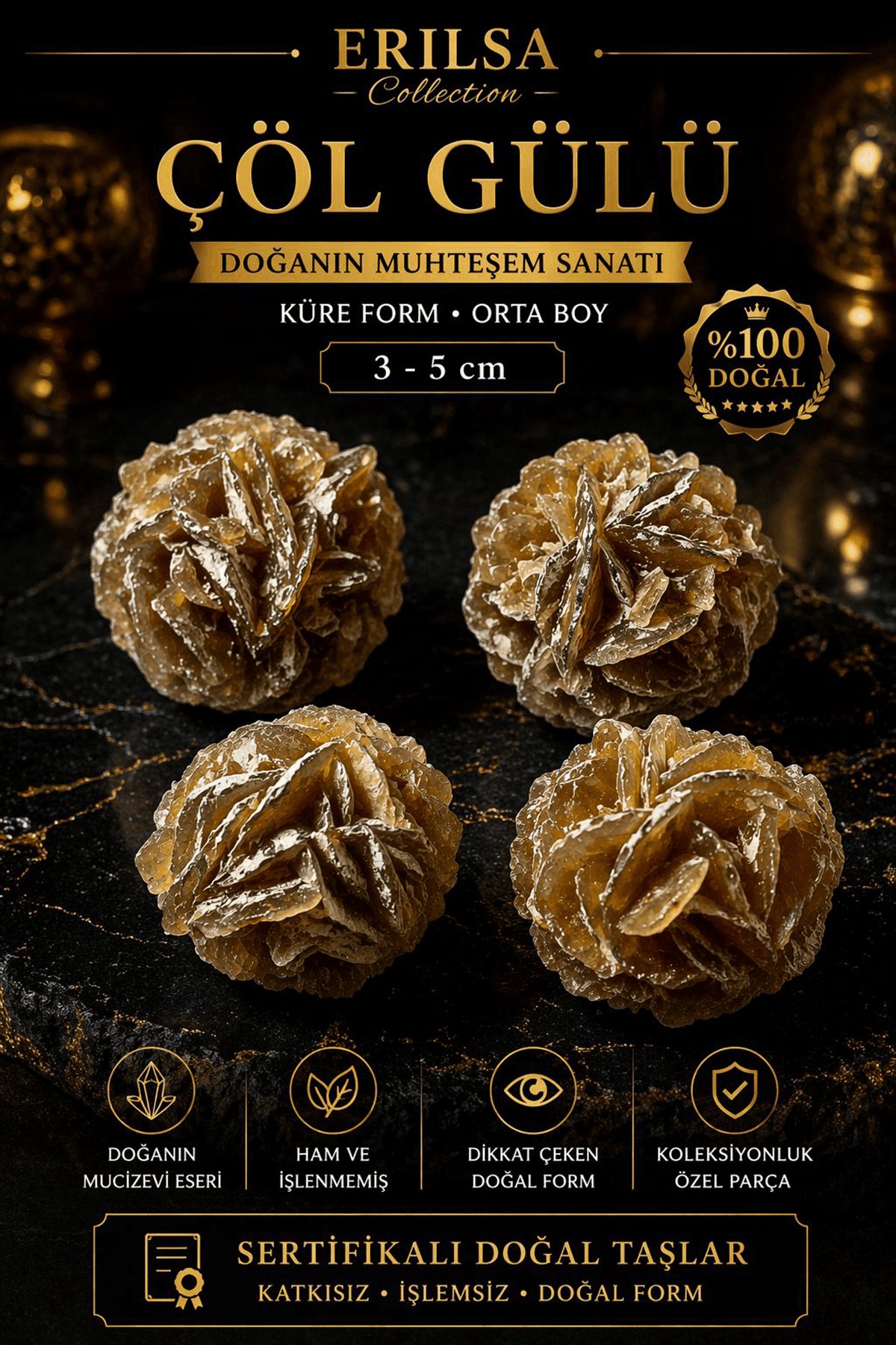 Sertifikalı Çöl Gülü Taşı Kütle - 3-5 cm Küre Form Doğal Jips Kristal Toplu