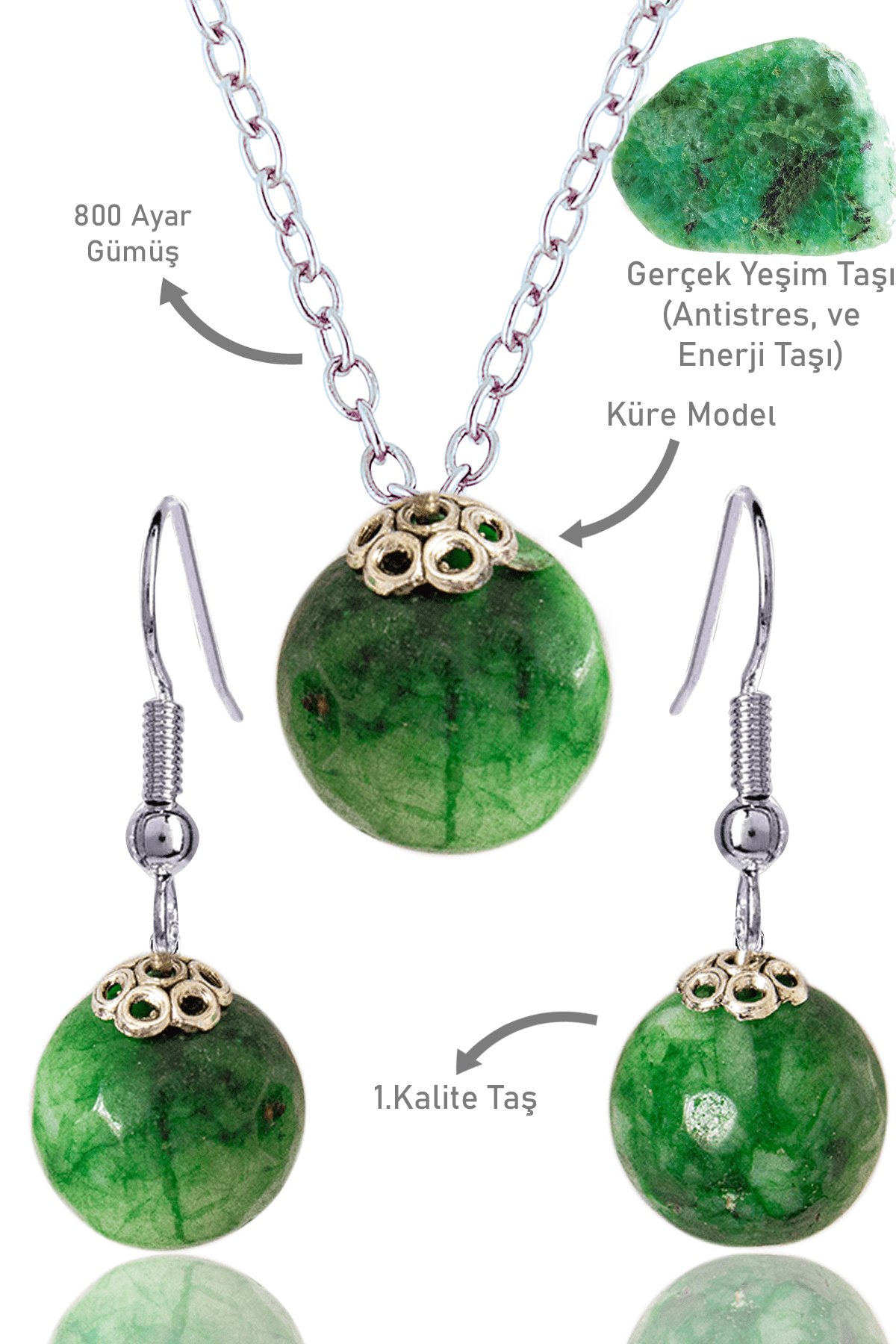 Sertifikalı Küre Model Fasetli Yeşim Taşı Kolye ve Küpe Seti - Gümüş Aparatlı
