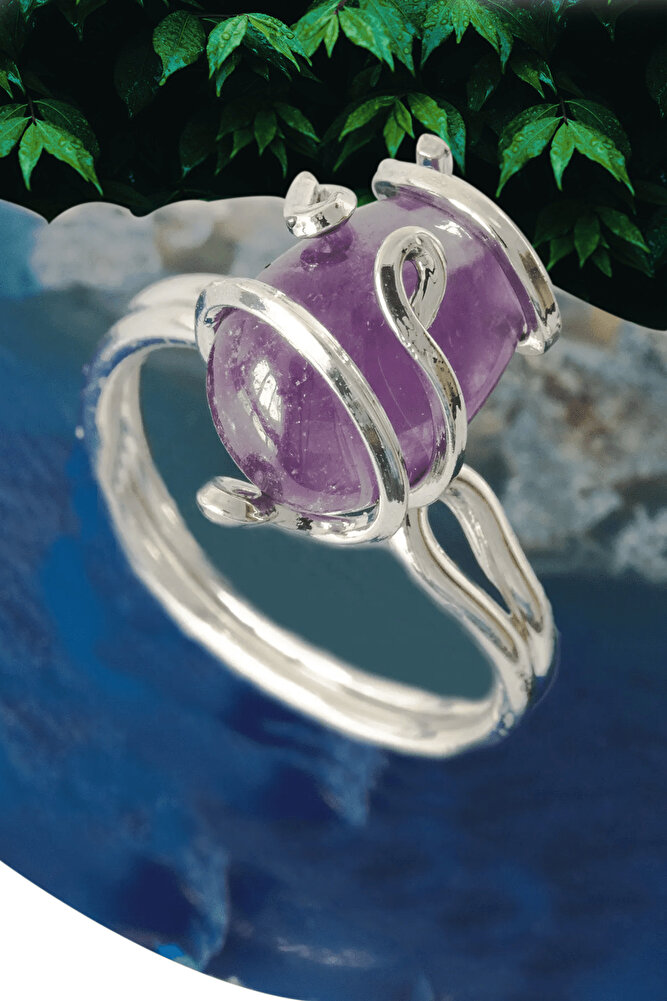 Sertifikalı Gümüş Rokoko Model Ametist Taşı Yüzük - Ayarlamalı