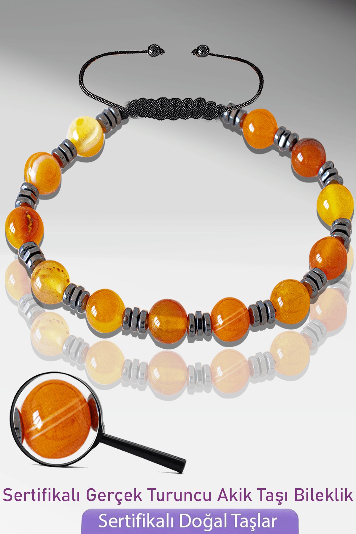 Sertifikalı AAA+ Gerçek Turuncu Akik Taşı Bileklik - Ayarlamalı