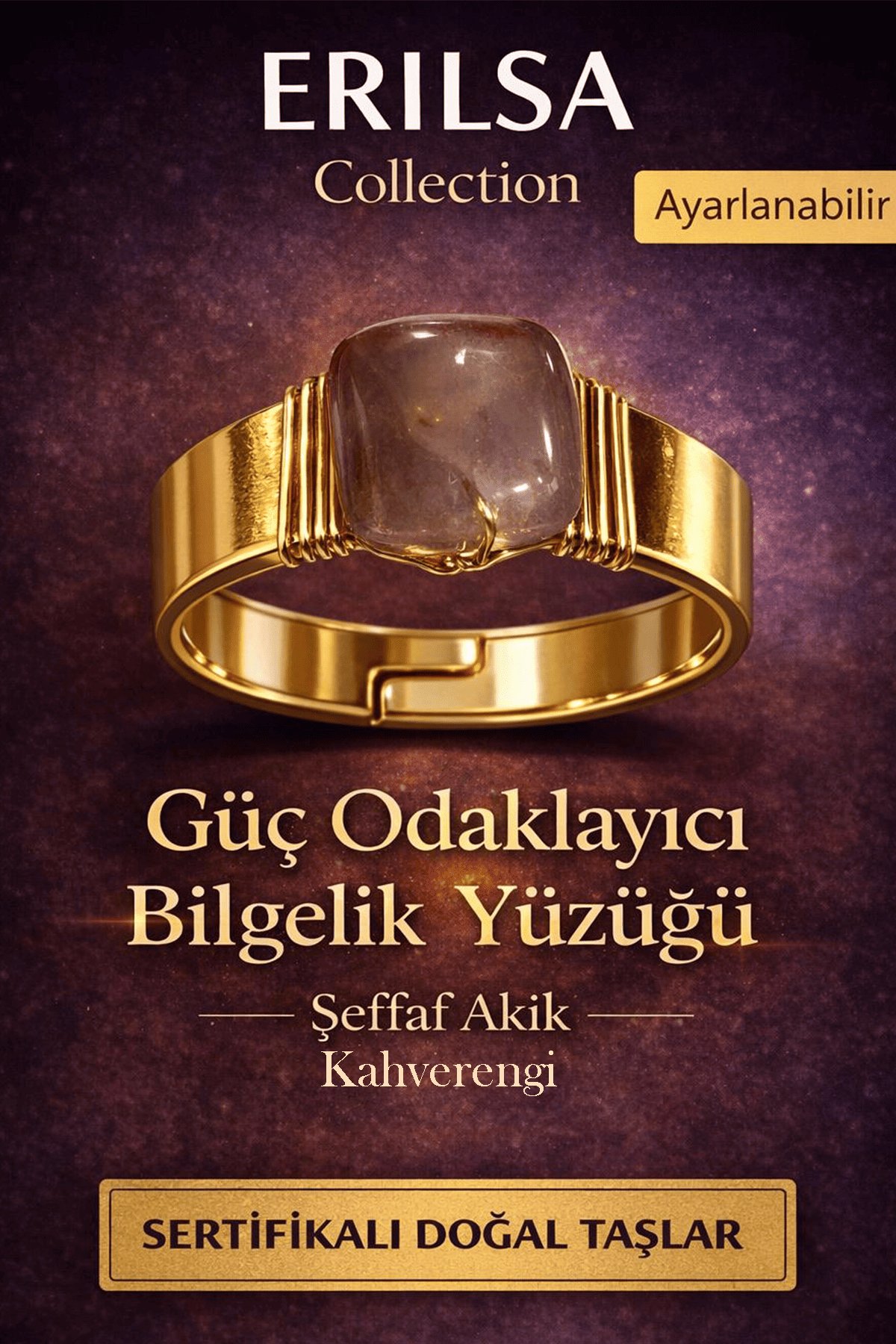 Sertifikalı Şeffaf Kahverengi Akik Doğal Taş Yüzük – Güç Odak Bilgelik Ayarlanabilir