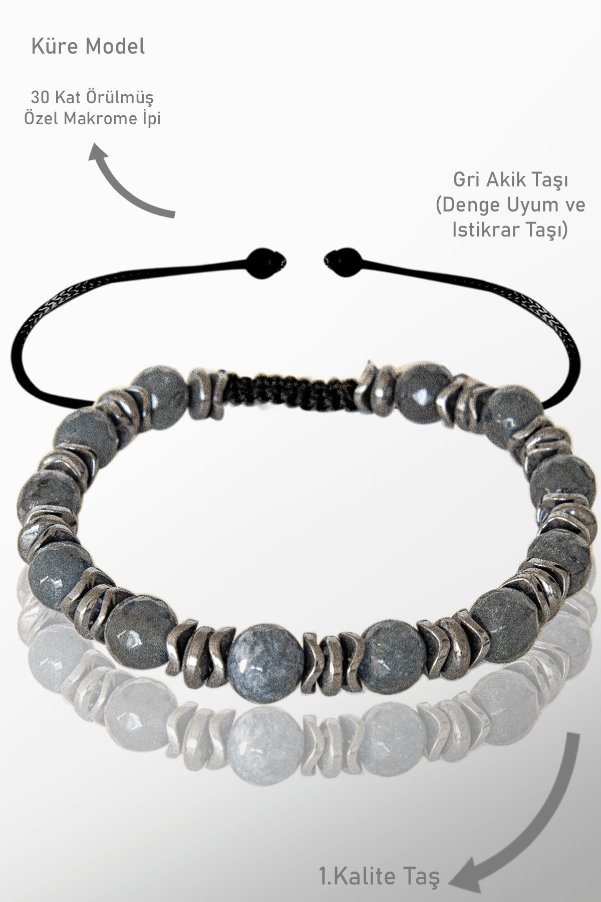 Sertifikalı Gerçek Hematit- Fasetli Gri Akik Taşı Bileklik